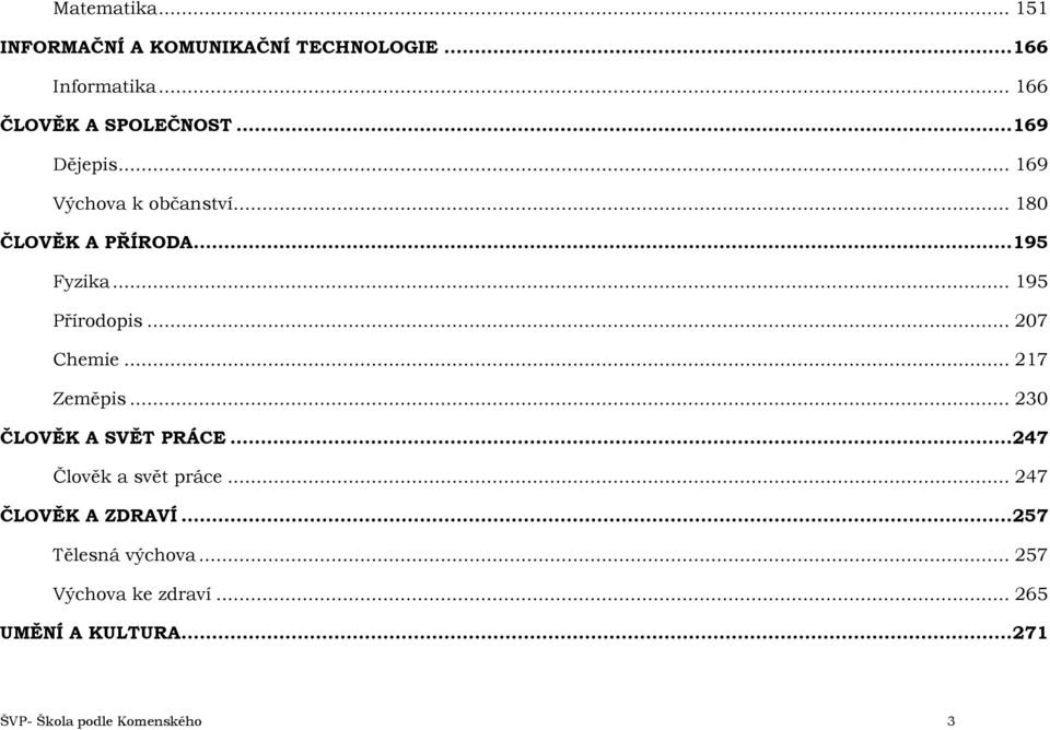 .. 207 Chemie... 217 Zeměpis... 230 ČLOVĚK A SVĚT PRÁCE... 247 Člověk a svět práce.