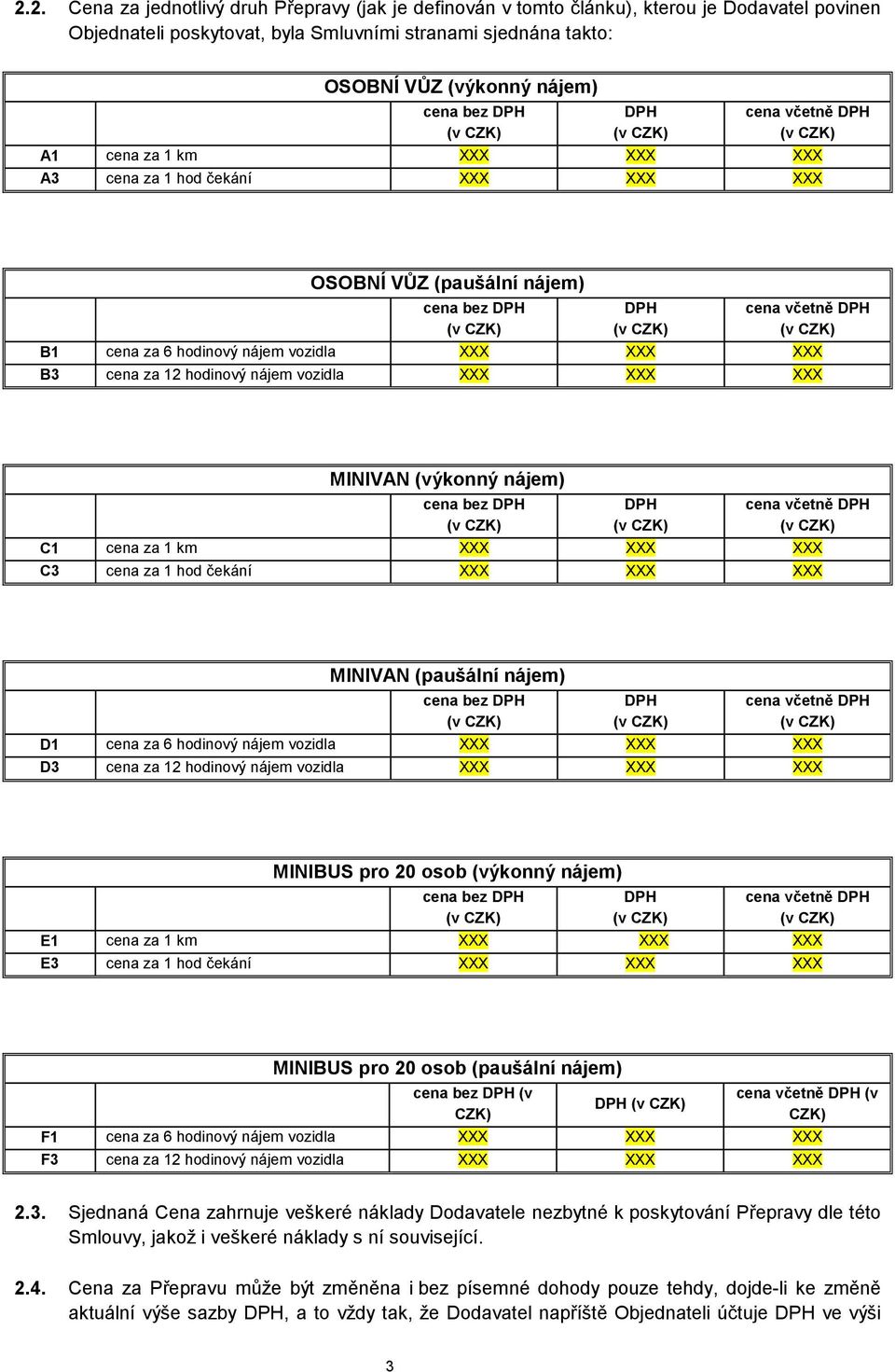 XXX B3 cena za 12 hodinový nájem vozidla XXX XXX XXX MINIVAN (výkonný nájem) cena bez DPH DPH cena včetně DPH C1 cena za 1 km XXX XXX XXX C3 cena za 1 hod čekání XXX XXX XXX MINIVAN (paušální nájem)