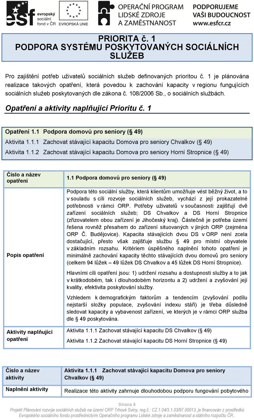 Opatření a naplňující Prioritu č. 1 Opatření 1.1 Podpora domovů pro seniory ( 49) Aktivita 1.1.1 Zachovat stávající kapacitu Domova pro seniory Chvalkov ( 49) Aktivita 1.1.2 Zachovat stávající kapacitu Domova pro seniory Horní Stropnice ( 49) Popis 1.