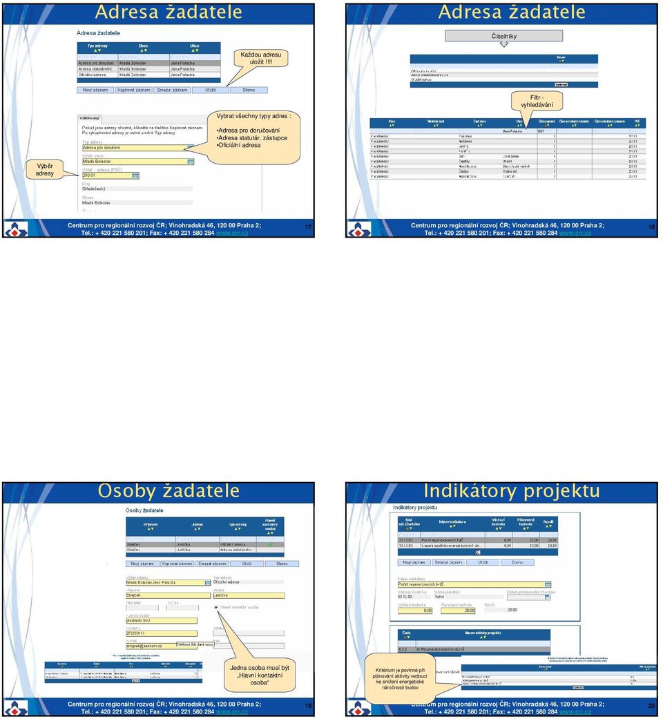 zástupce Oficiální adresa Výběr adresy 17 18 Osoby žadatele Indikátory projektu Jedna osoba