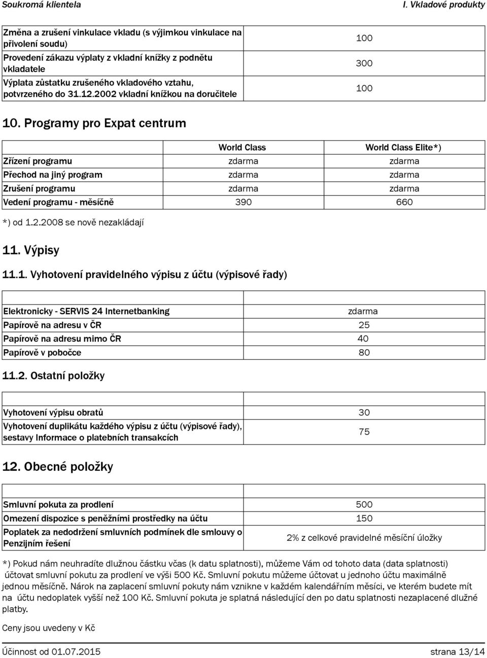 Programy pro Expat centrum World Class World Class Elite*) Zřízení programu Přechod na jiný program Zrušení programu Vedení programu - měsíčně 390 660 *) od 1.2.2008 se nově nezakládají 11. Výpisy 11.