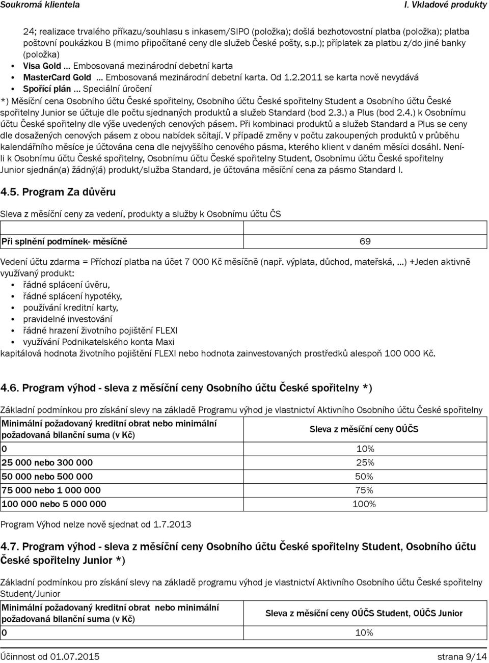 .. Speciální úročení *) Měsíční cena Osobního účtu České spořitelny, Osobního účtu České spořitelny Student a Osobního účtu České spořitelny Junior se účtuje dle počtu sjednaných produktů a služeb