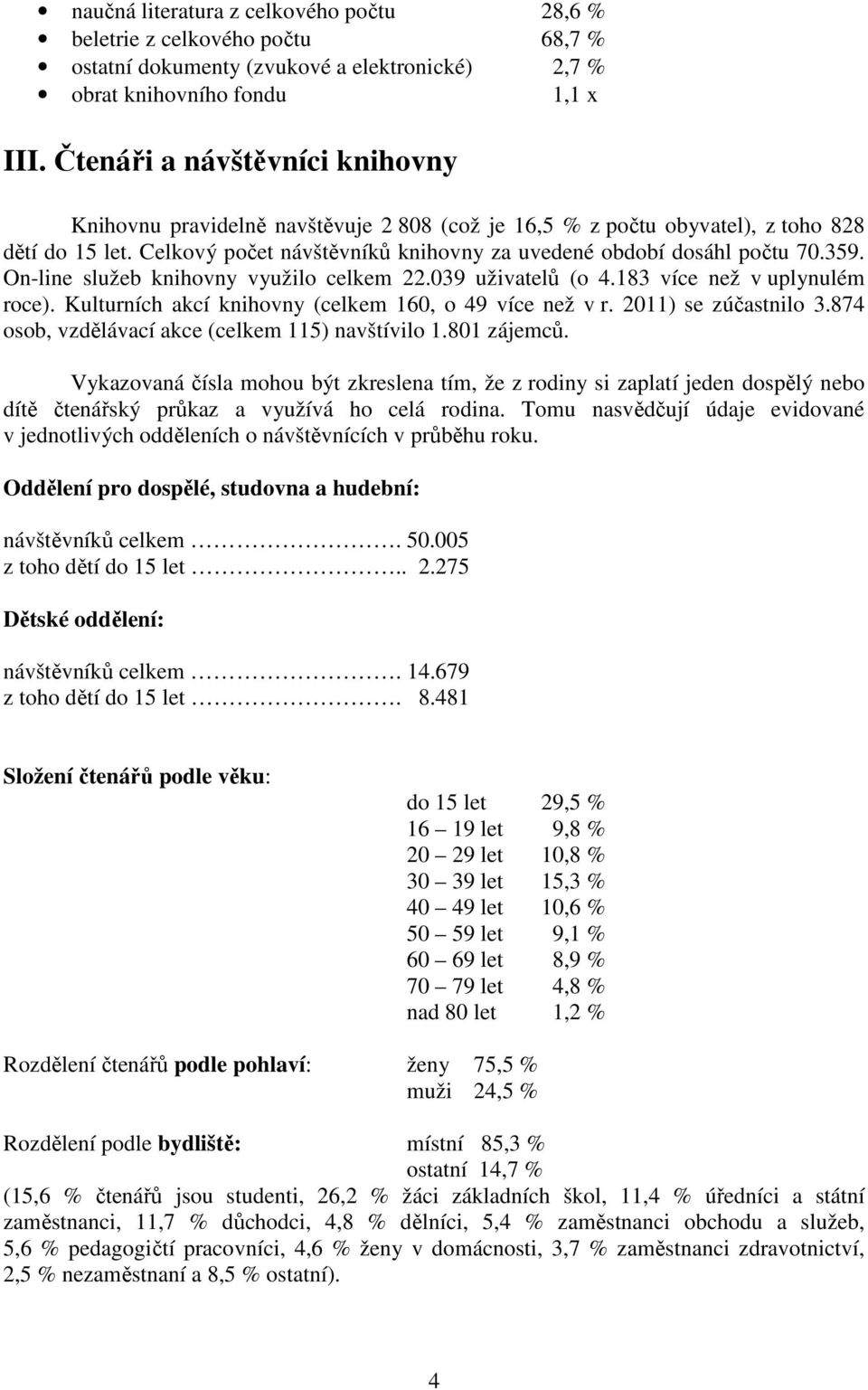 359. On-line služeb knihovny využilo celkem 22.039 uživatelů (o 4.183 více než v uplynulém roce). Kulturních akcí knihovny (celkem 160, o 49 více než v r. 2011) se zúčastnilo 3.