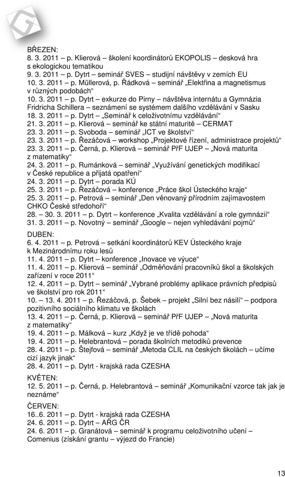 3. 2011 p. Dytrt Seminář k celoživotnímu vzdělávání 21. 3. 2011 p. Klierová seminář ke státní maturitě CERMAT 23. 3. 2011 p. Svoboda seminář ICT ve školství 23. 3. 2011 p. Řezáčová workshop Projektové řízení, administrace projektů 23.