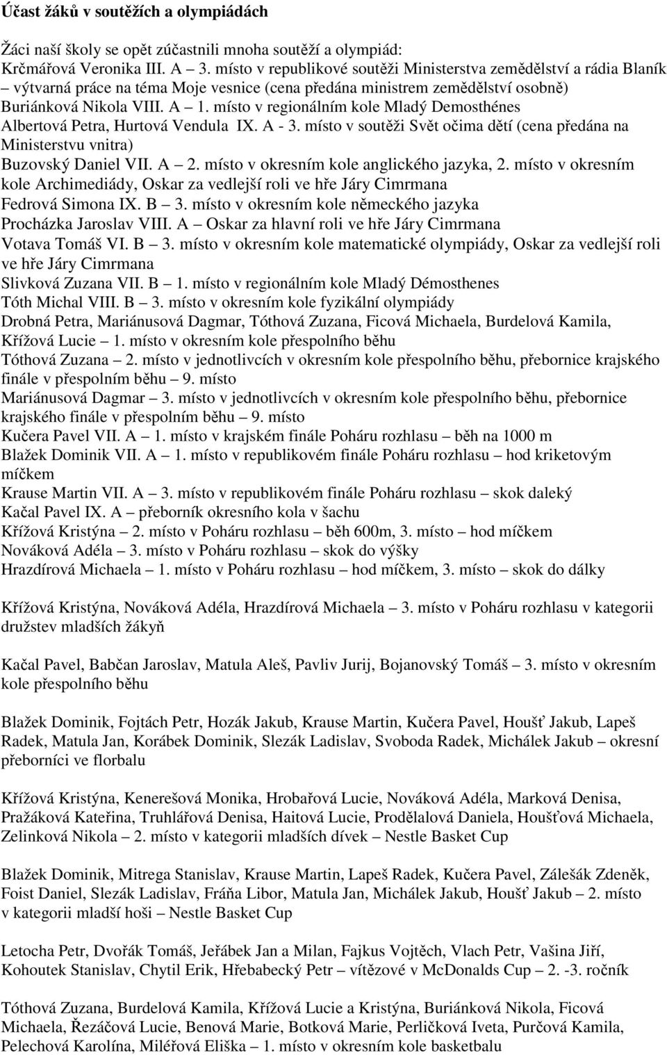 místo v regionálním kole Mladý Demosthénes Albertová Petra, Hurtová Vendula IX. A - 3. místo v soutěži Svět očima dětí (cena předána na Ministerstvu vnitra) Buzovský Daniel VII. A 2.