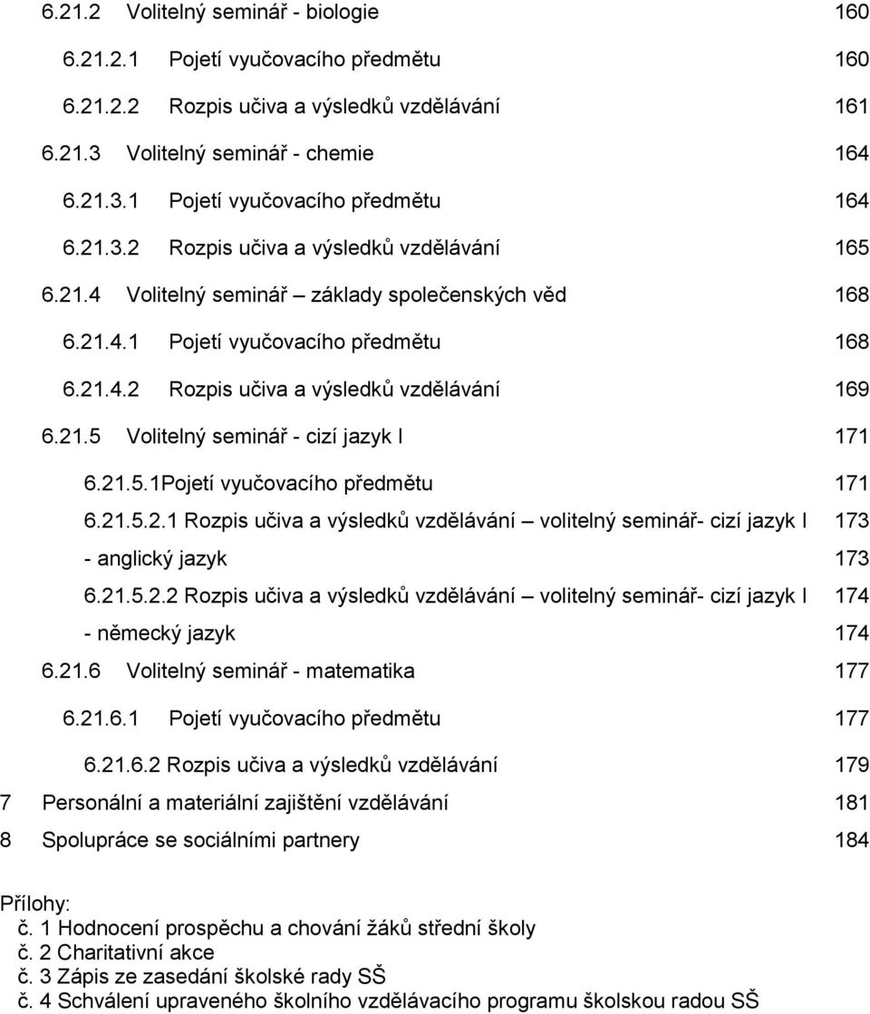 21.5.1Pojetí vyučovacího předmětu 171 6.21.5.2.1 Rozpis učiva a výsledků vzdělávání volitelný seminář- cizí jazyk I 173 - anglický jazyk 173 6.21.5.2.2 Rozpis učiva a výsledků vzdělávání volitelný seminář- cizí jazyk I 174 - německý jazyk 174 6.