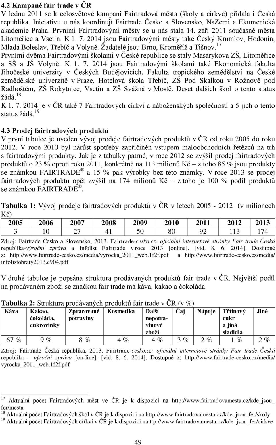 2014 jsou Fairtradovými městy také Český Krumlov, Hodonín, Mladá Boleslav, Třebíč a Volyně. Žadatelé jsou Brno, Kroměříž a Tišnov.