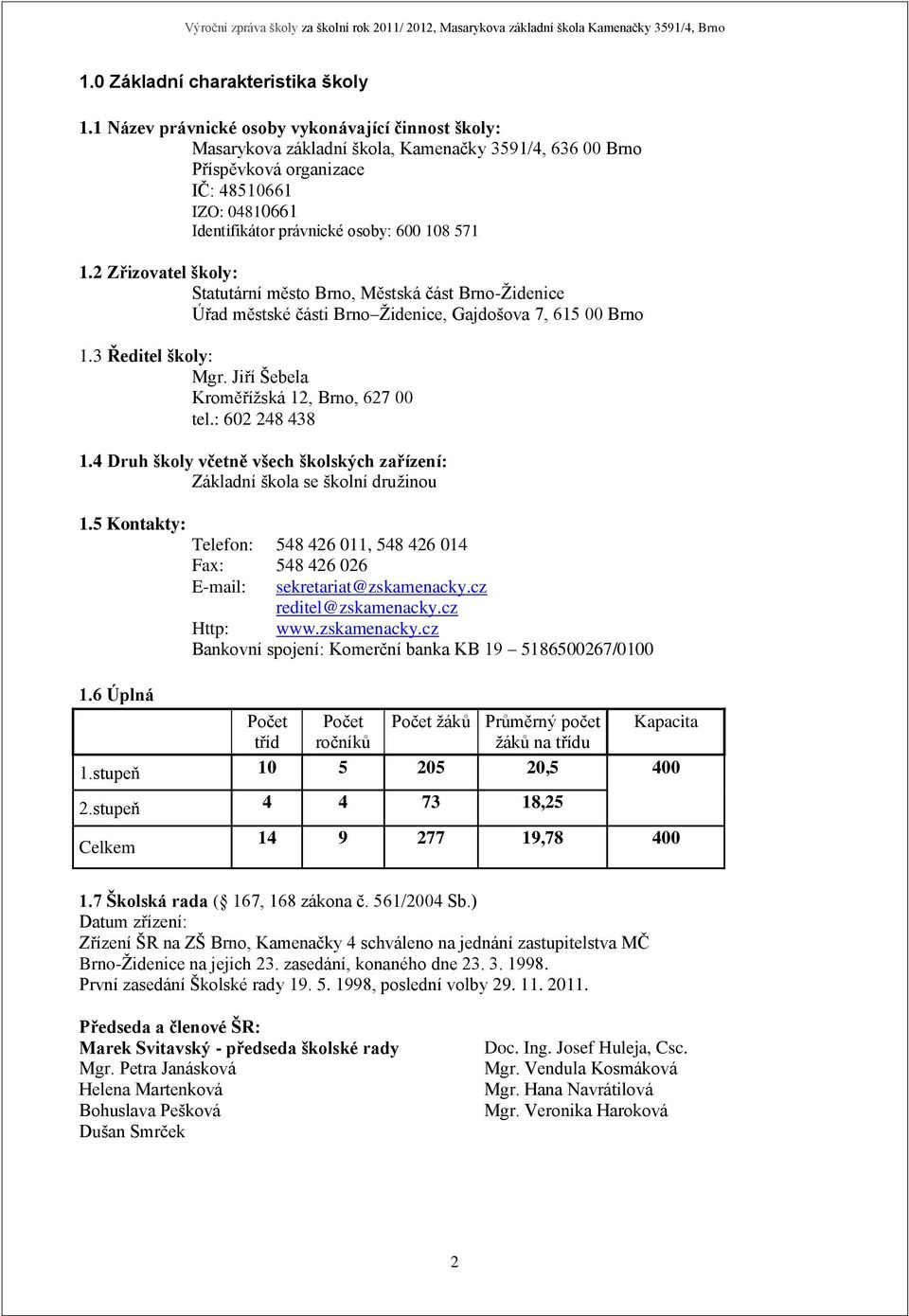 571 1.2 Zřizovatel školy: Statutární město Brno, Městská část Brno-Židenice Úřad městské části Brno Židenice, Gajdošova 7, 615 00 Brno 1.3 Ředitel školy: Mgr.