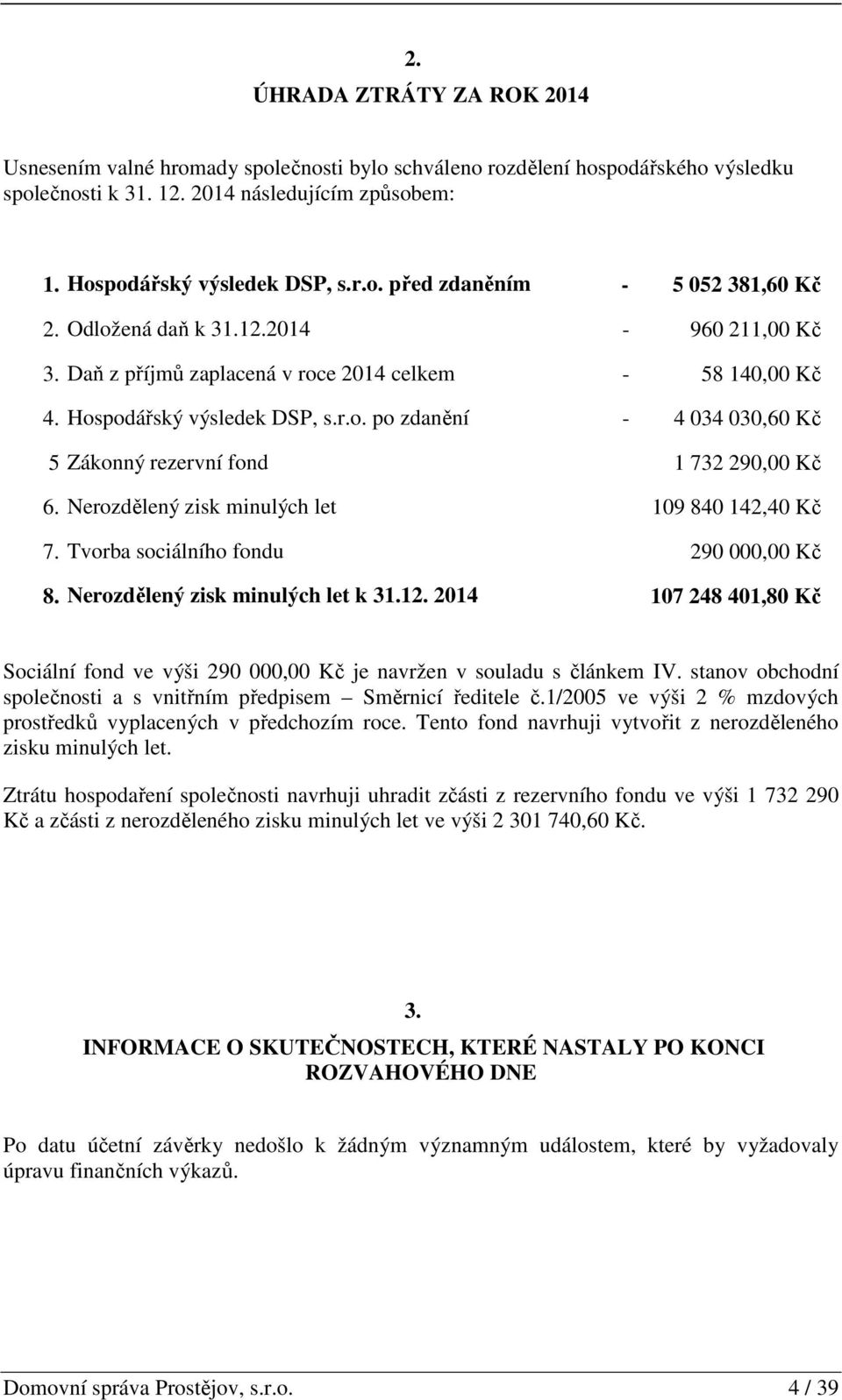 Nerozdělený zisk minulých let 109 840 142,40 Kč 7. Tvorba sociálního fondu 290 000,00 Kč 8. Nerozdělený zisk minulých let k 31.12.