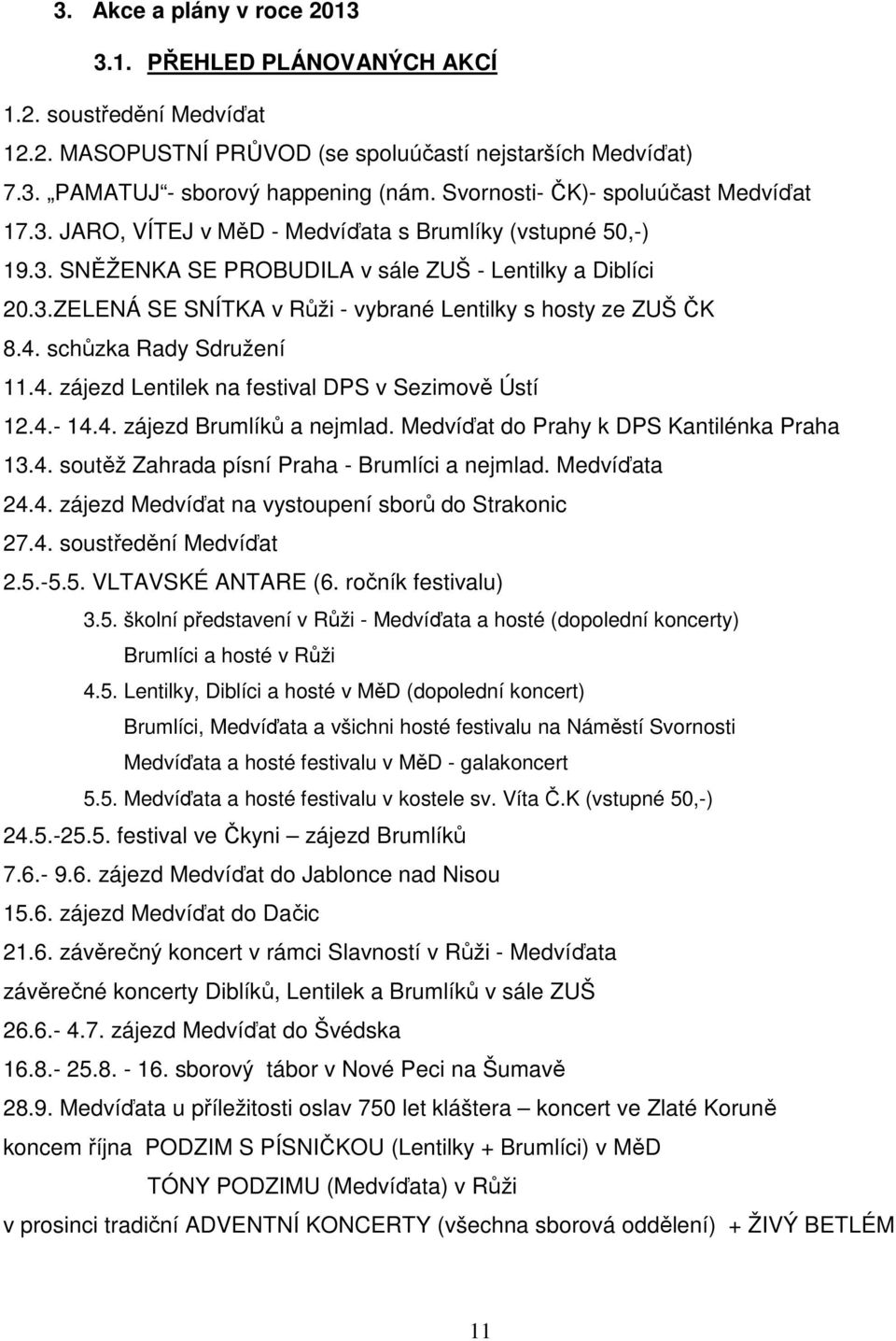 4. schůzka Rady Sdružení 11.4. zájezd Lentilek na festival DPS v Sezimově Ústí 12.4.- 14.4. zájezd Brumlíků a nejmlad. Medvíďat do Prahy k DPS Kantilénka Praha 13.4. soutěž Zahrada písní Praha - Brumlíci a nejmlad.