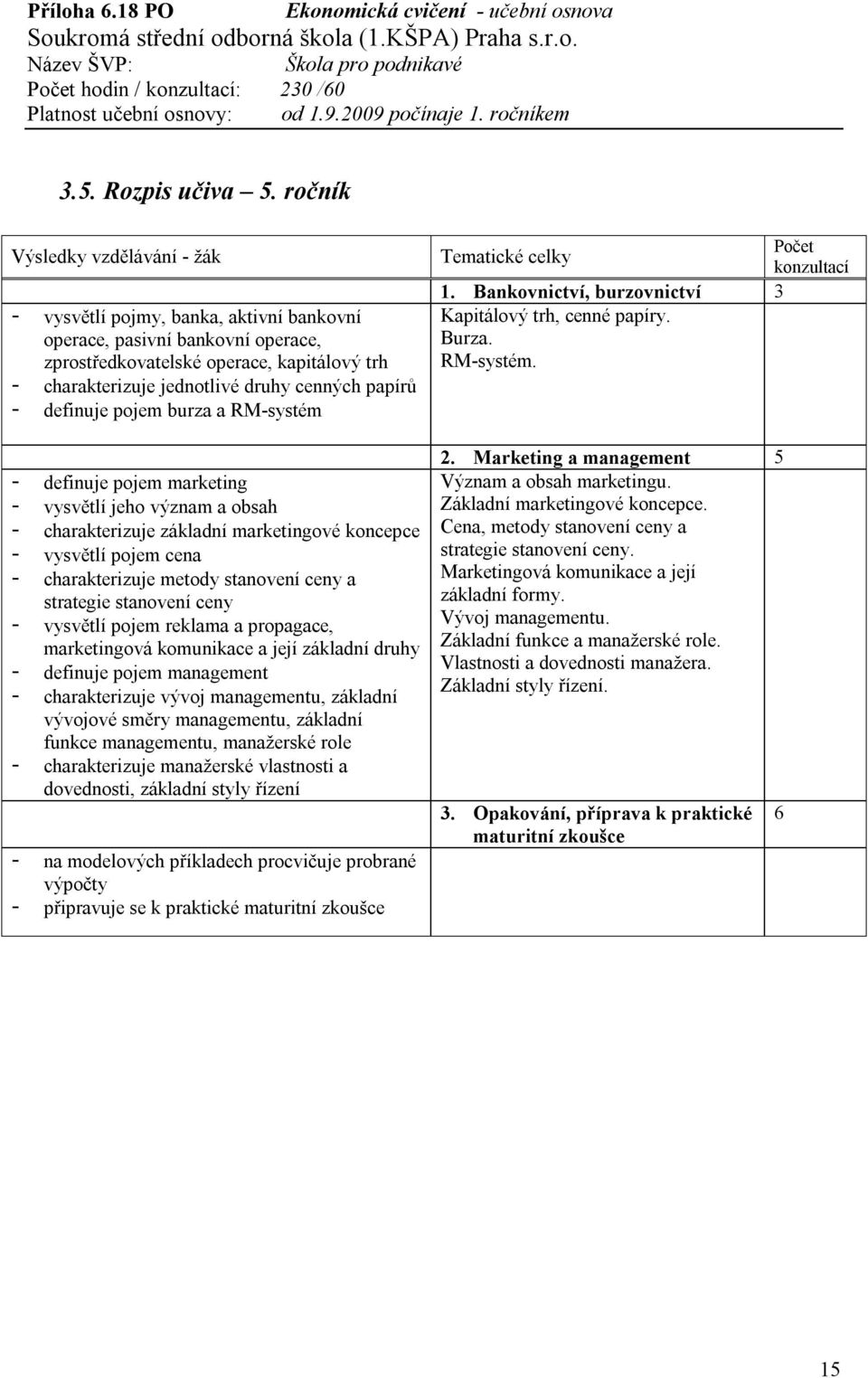 papírů - definuje pojem burza a RM-systém - definuje pojem marketing - vysvětlí jeho význam a obsah - charakterizuje základní marketingové koncepce - vysvětlí pojem cena - charakterizuje metody