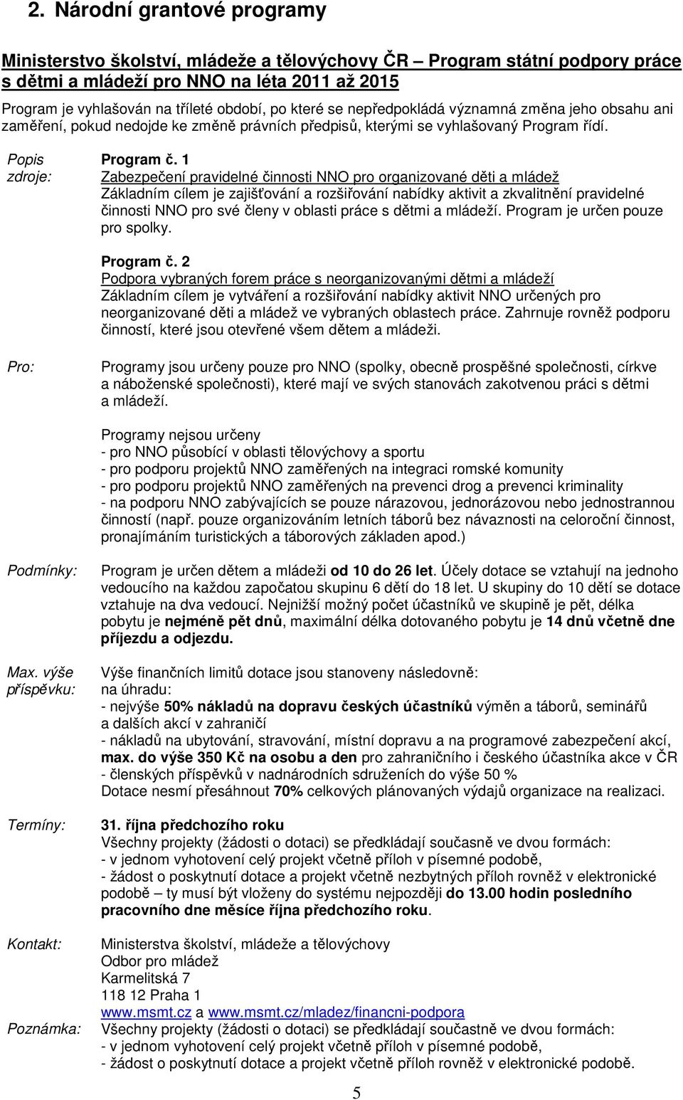 1 Zabezpečení pravidelné činnosti NNO pro organizované děti a mládež Základním cílem je zajišťování a rozšiřování nabídky aktivit a zkvalitnění pravidelné činnosti NNO pro své členy v oblasti práce s