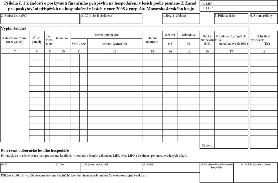 b. LHC 2. Rodné číslo (FO) 3. IČ (bylo-li přiděleno) 4. Reg. č. žádosti 5. Příloha číslo 6.