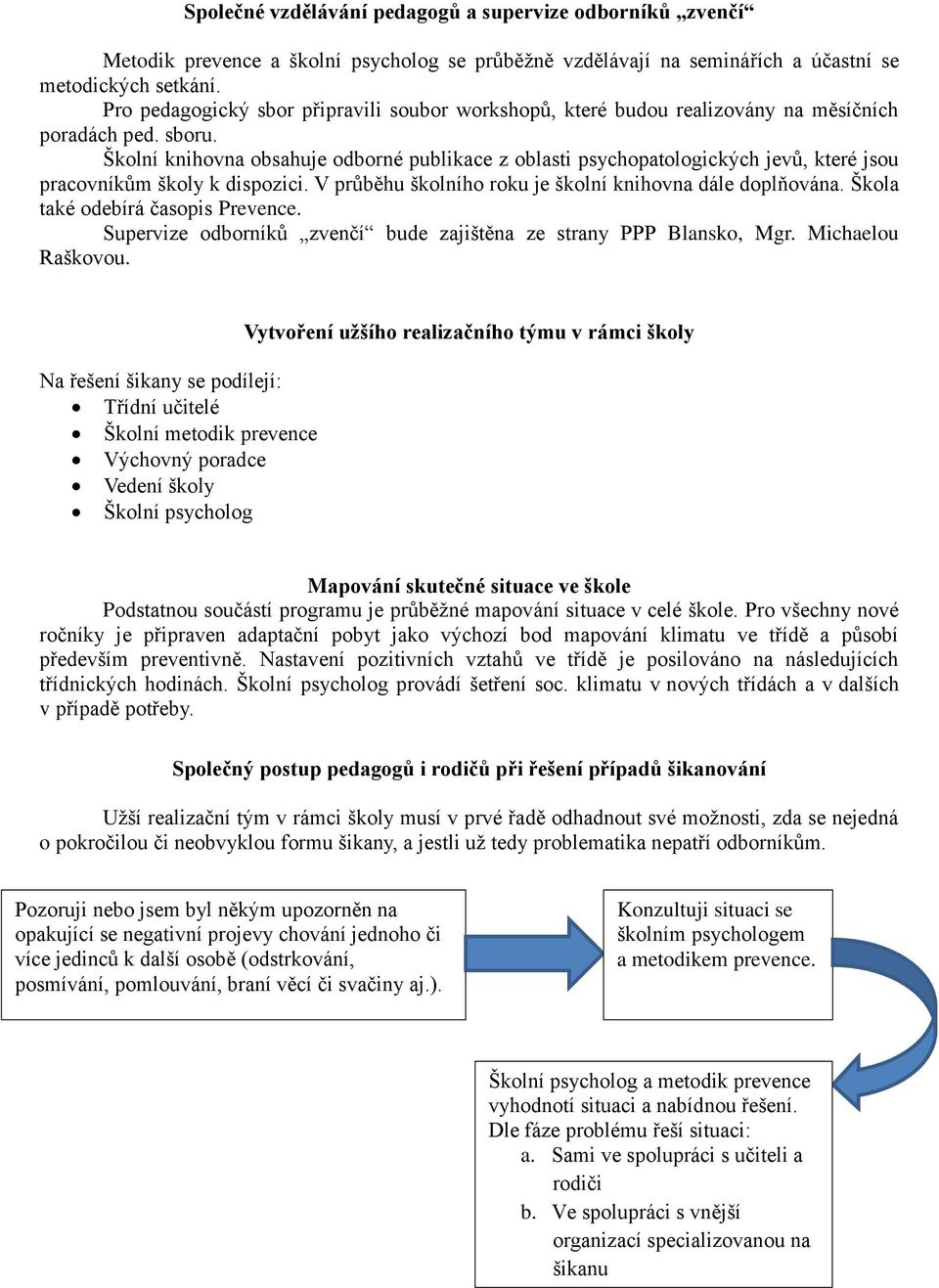 Školní knihovna obsahuje odborné publikace z oblasti psychopatologických jevů, které jsou pracovníkům školy k dispozici. V průběhu školního roku je školní knihovna dále doplňována.