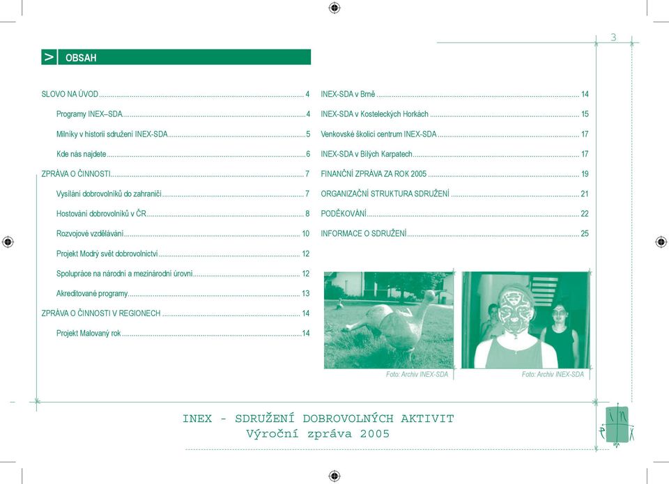 .. 17 INEX-SDA v Bílých Karpatech... 17 FINANČNÍ ZPRÁVA ZA ROK 2005... 19 ORGANIZAČNÍ STRUKTURA SDRUŽENÍ... 21 PODĚKOVÁNÍ... 22 INFORMACE O SDRUŽENÍ.