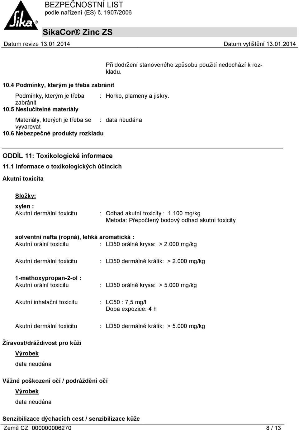 1 Informace o toxikologických účincích Akutní toxicita Složky: xylen : Akutní dermální toxicitu : Odhad akutní toxicity : 1.