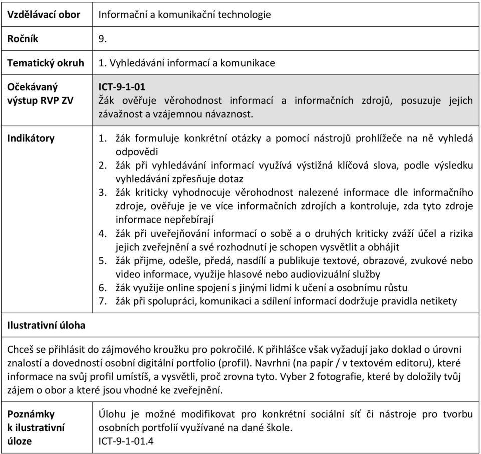 žák kriticky vyhodnocuje věrohodnost nalezené informace dle informačního zdroje, ověřuje je ve více informačních zdrojích a kontroluje, zda tyto zdroje informace nepřebírají 4.