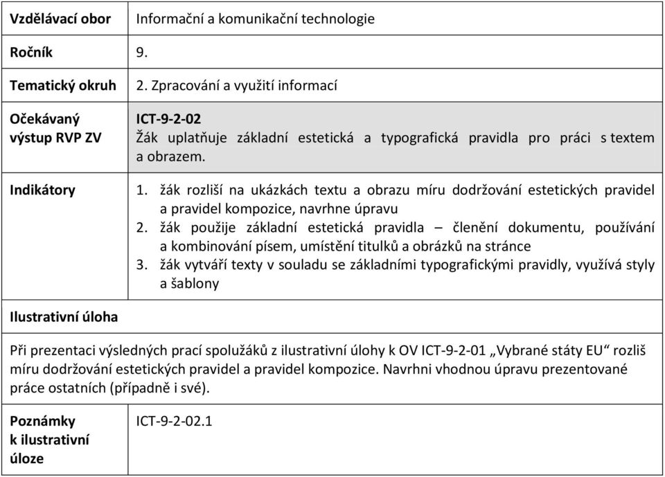 žák použije základní estetická pravidla členění dokumentu, používání a kombinování písem, umístění titulků a obrázků na stránce 3.