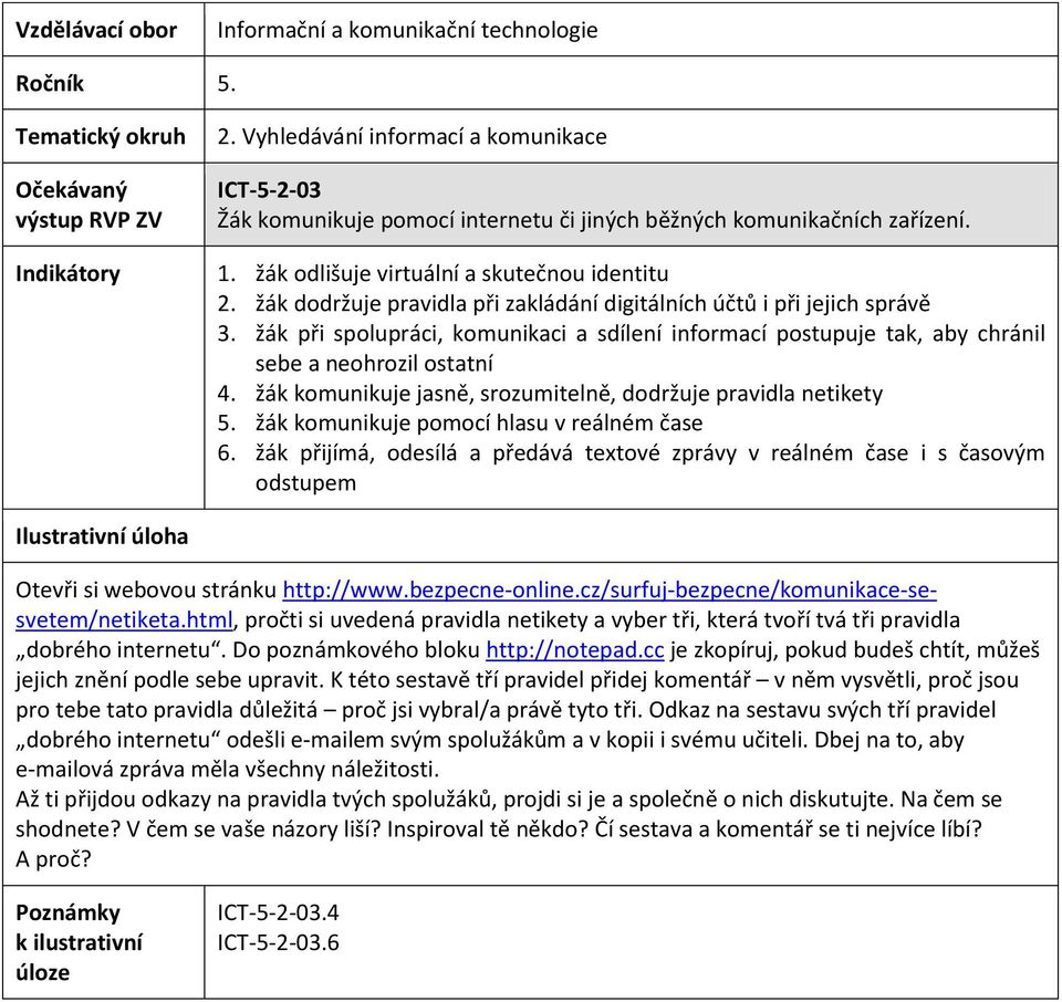 žák komunikuje jasně, srozumitelně, dodržuje pravidla netikety 5. žák komunikuje pomocí hlasu v reálném čase 6.