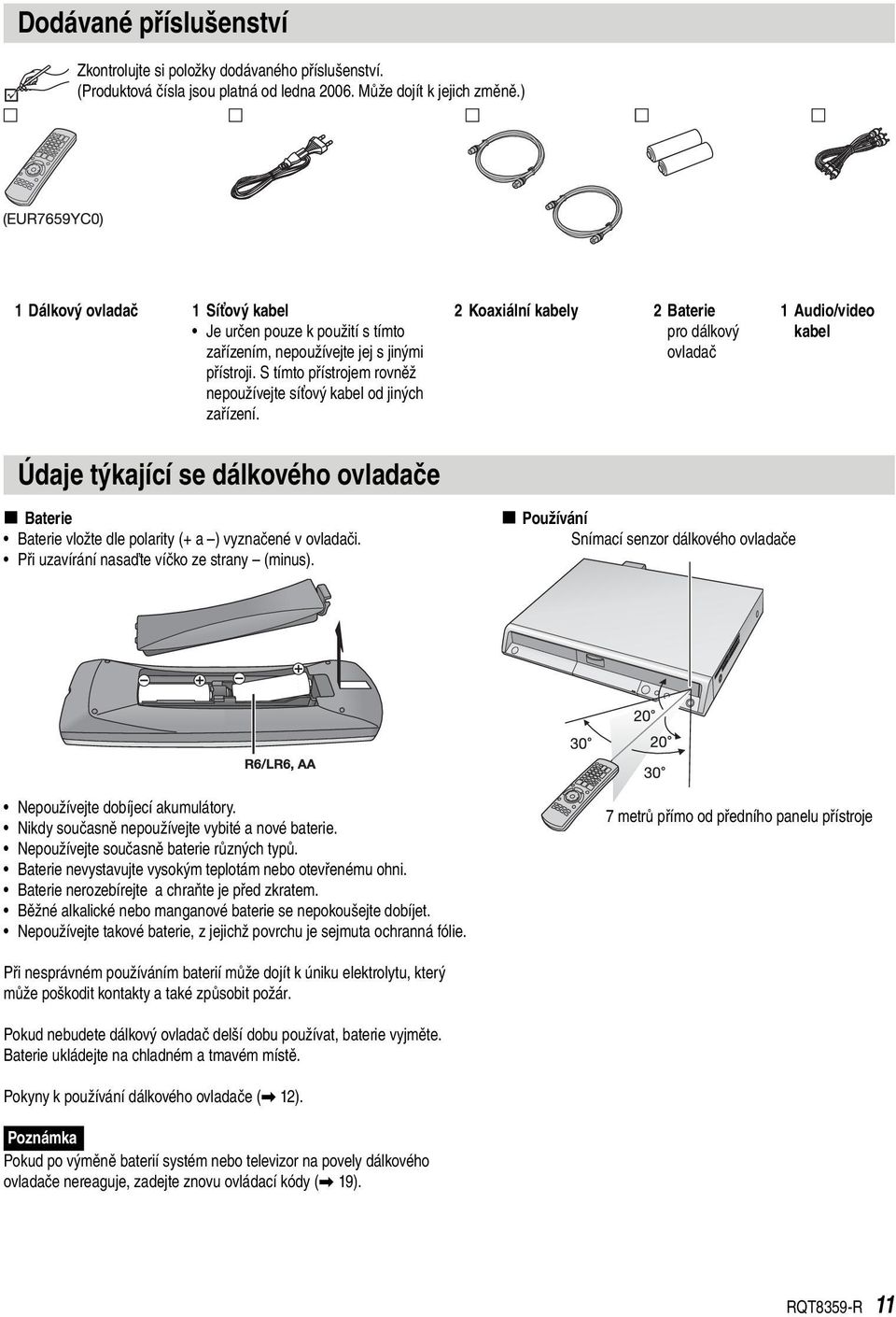 2 Koaxiální kabely 2 Baterie pro dálkový ovladač 1 Audio/video kabel Údaje týkající se dálkového ovladače Baterie Baterie vložte dle polarity (+ a ) vyznačené v ovladači.