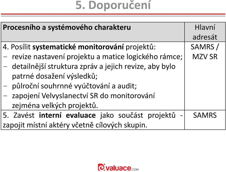 struktura zpráv a jejich revize, aby bylo patrné dosažení výsledků; - půlroční souhrnné vyúčtování a audit; - zapojení