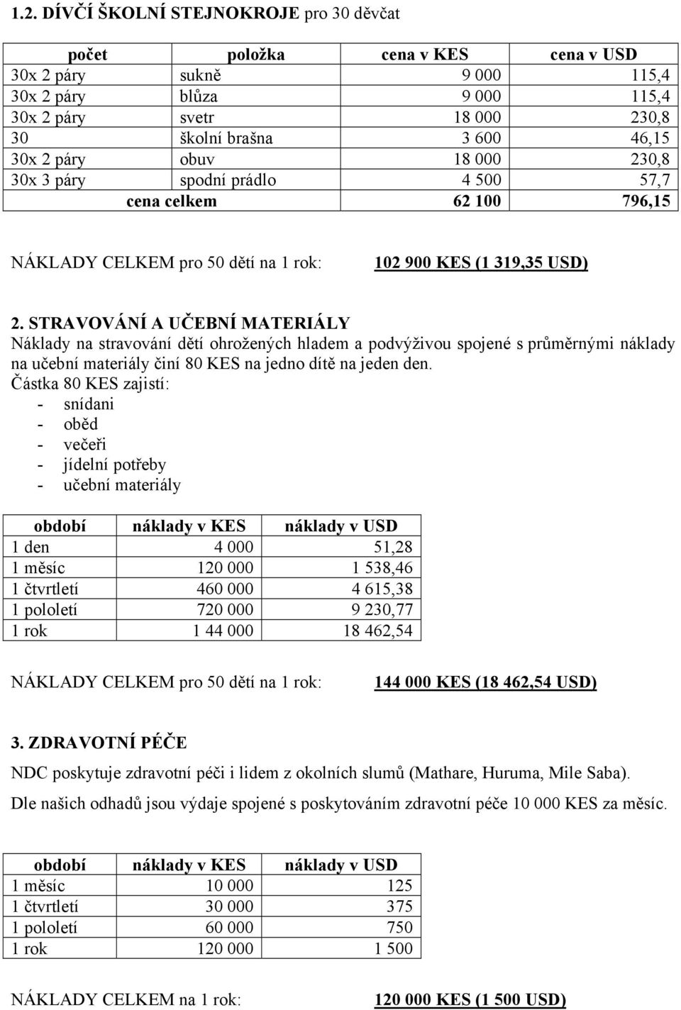 STRAVOVÁNÍ A UČEBNÍ MATERIÁLY Náklady na stravování dětí ohrožených hladem a podvýživou spojené s průměrnými náklady na učební materiály činí 80 KES na jedno dítě na jeden den.