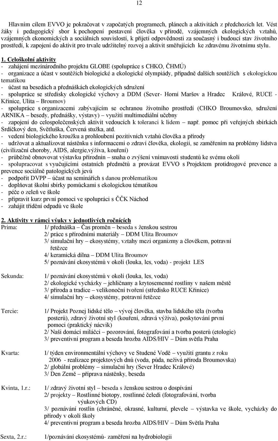 stav ţivotního prostředí, k zapojení do aktivit pro trvale udrţitelný rozvoj a aktivit směřujících ke zdravému ţivotnímu stylu. 1.