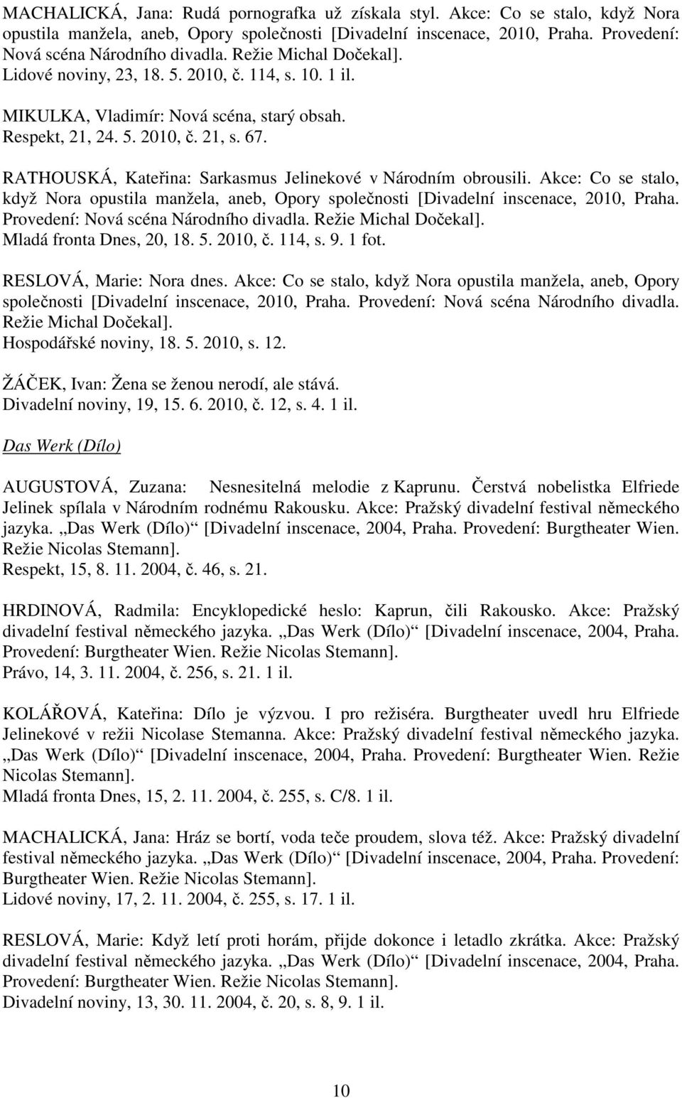 RATHOUSKÁ, Kateřina: Sarkasmus Jelinekové v Národním obrousili. Akce: Co se stalo, když Nora opustila manžela, aneb, Opory společnosti [Divadelní inscenace, 2010, Praha.