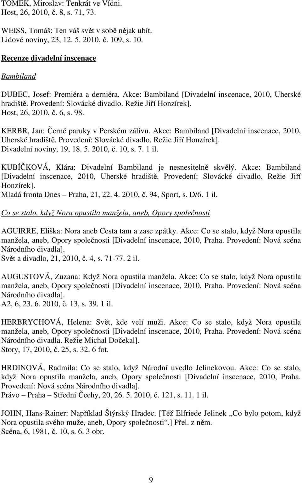 Host, 26, 2010, č. 6, s. 98. KERBR, Jan: Černé paruky v Perském zálivu. Akce: Bambiland [Divadelní inscenace, 2010, Uherské hradiště. Provedení: Slovácké divadlo. Režie Jiří Honzírek].