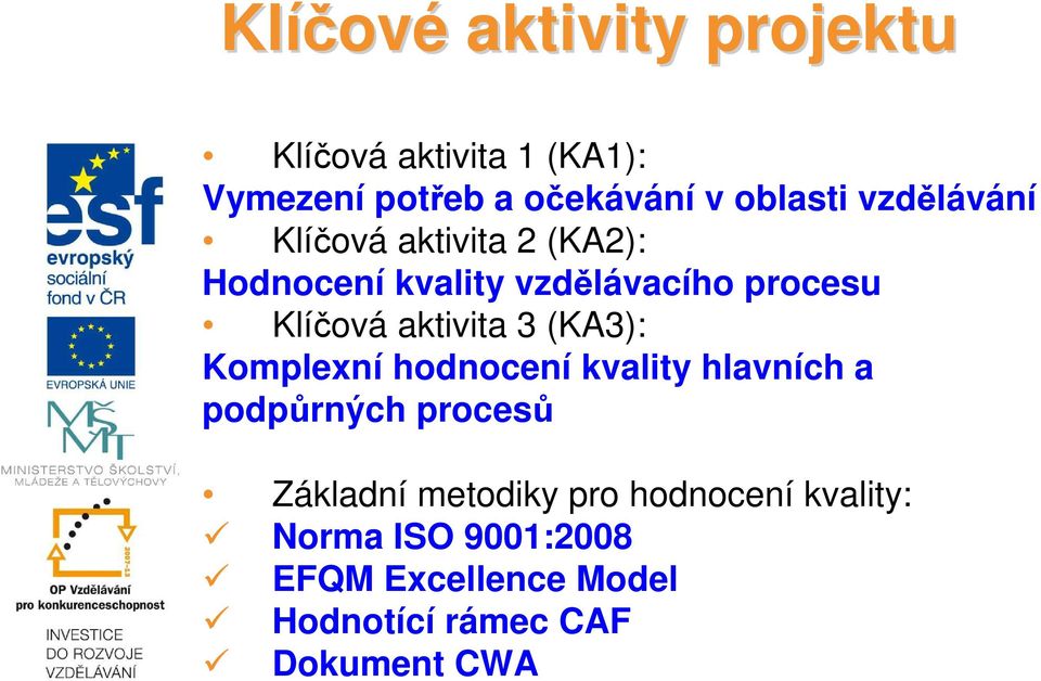 aktivita 3 (KA3): Komplexní hodnocení kvality hlavních a podpůrných procesů Základní