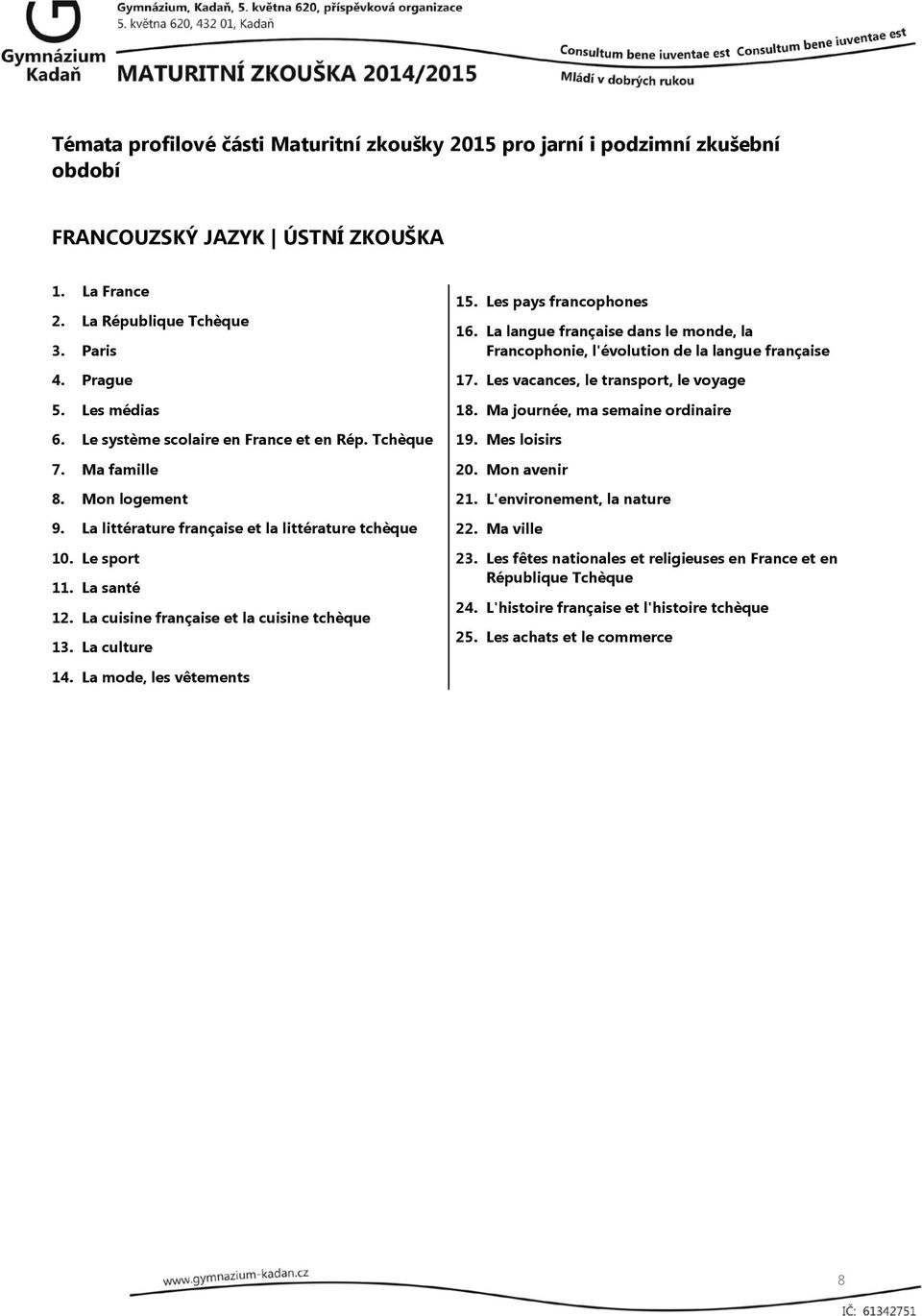 La langue française dans le monde, la Francophonie, l'évolution de la langue française 17. Les vacances, le transport, le voyage 18. Ma journée, ma semaine ordinaire 19. Mes loisirs 20.