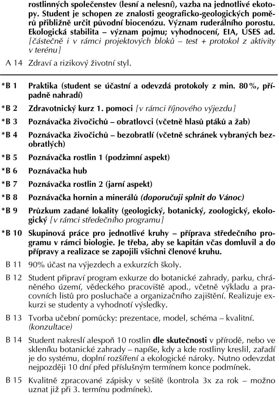 * B 1 * B 2 * B 3 * B 4 * B 5 * B 6 * B 7 * B 8 * B 9 * B 10 B 11 B 12 B 13 B 14 B 15 Praktika (student se účastní a odevzdá protokoly z min. 80 %, případně nahradí) Zdravotnický kurz 1.