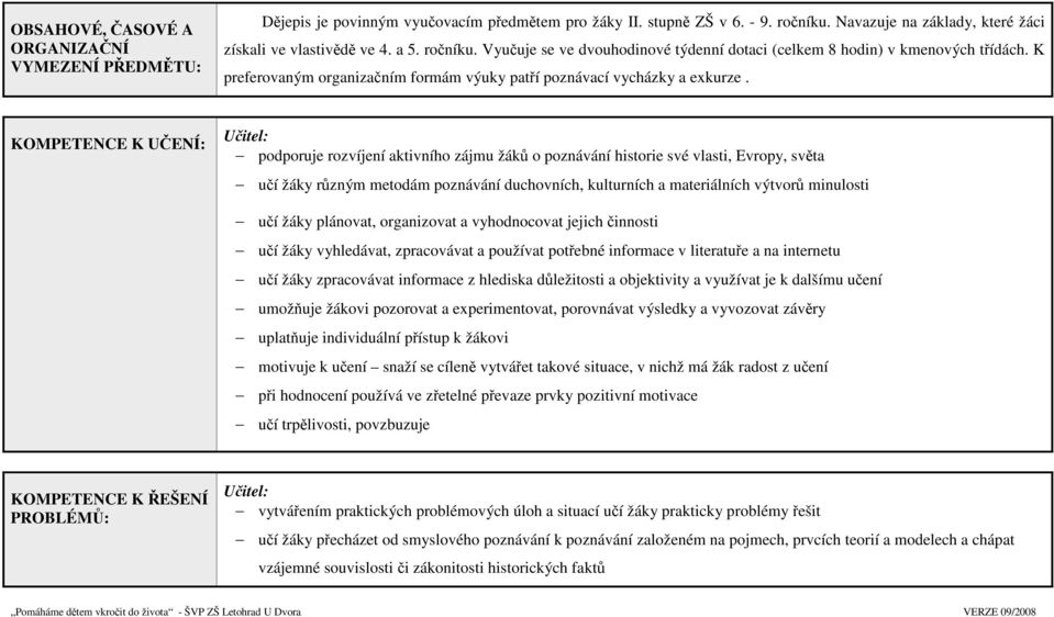 KOMPETENCE K UČENÍ: Učitel: podporuje rozvíjení aktivního zájmu žáků o poznávání historie své vlasti, Evropy, světa učí žáky různým metodám poznávání duchovních, kulturních a materiálních výtvorů