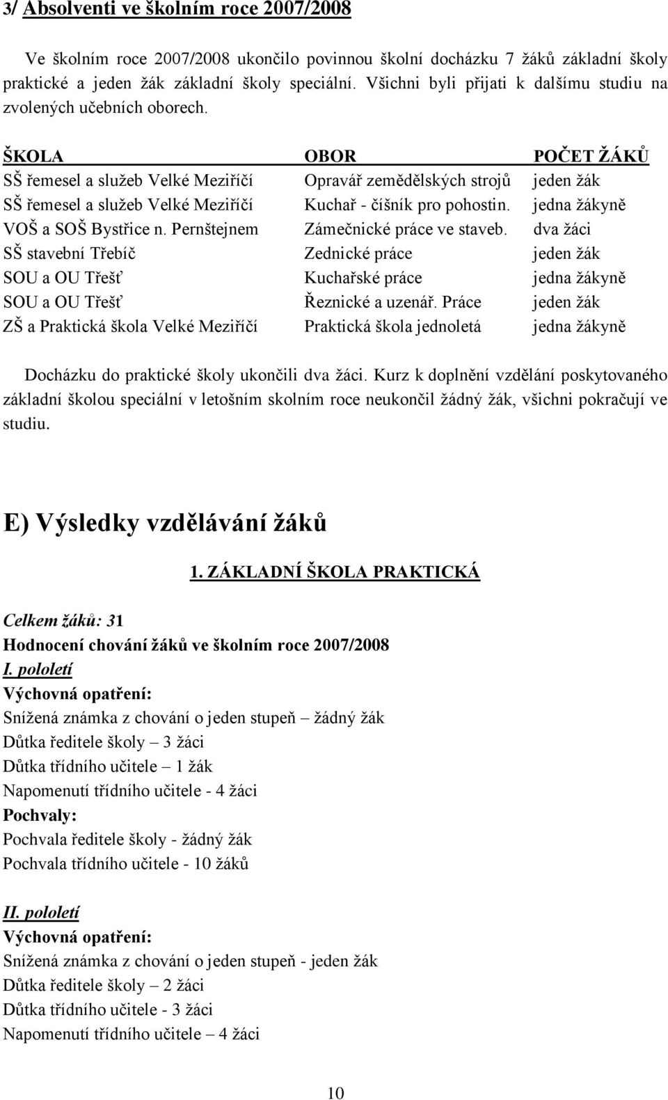 ŠKOLA OBOR POČET ŽÁKŮ SŠ řemesel a služeb Velké Meziříčí Opravář zemědělských strojů jeden žák SŠ řemesel a služeb Velké Meziříčí Kuchař - číšník pro pohostin. jedna žákyně VOŠ a SOŠ Bystřice n.