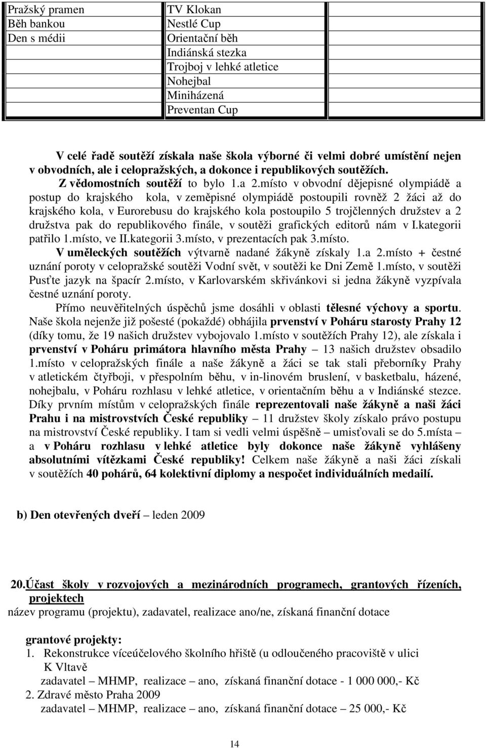 místo v obvodní dějepisné olympiádě a postup do krajského kola, v zeměpisné olympiádě postoupili rovněž 2 žáci až do krajského kola, v Eurorebusu do krajského kola postoupilo 5 trojčlenných družstev