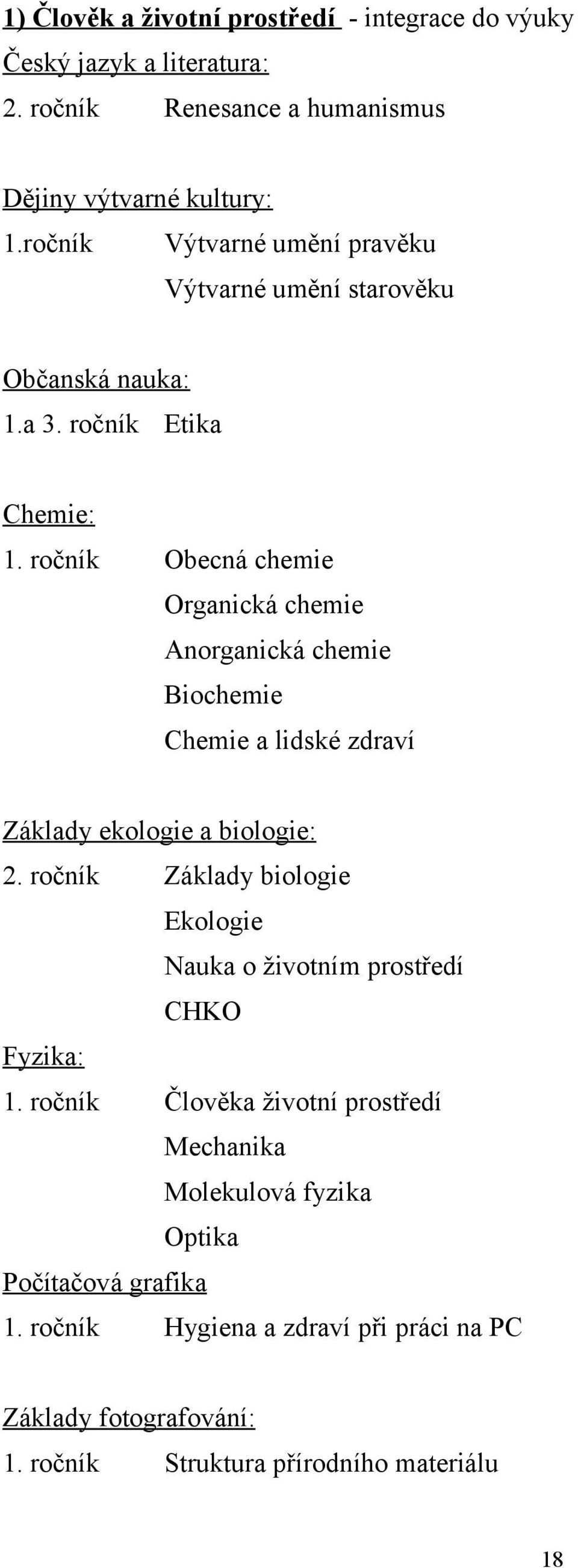 ročník Obecná chemie Organická chemie Anorganická chemie Biochemie Chemie a lidské zdraví Základy ekologie a biologie: 2.