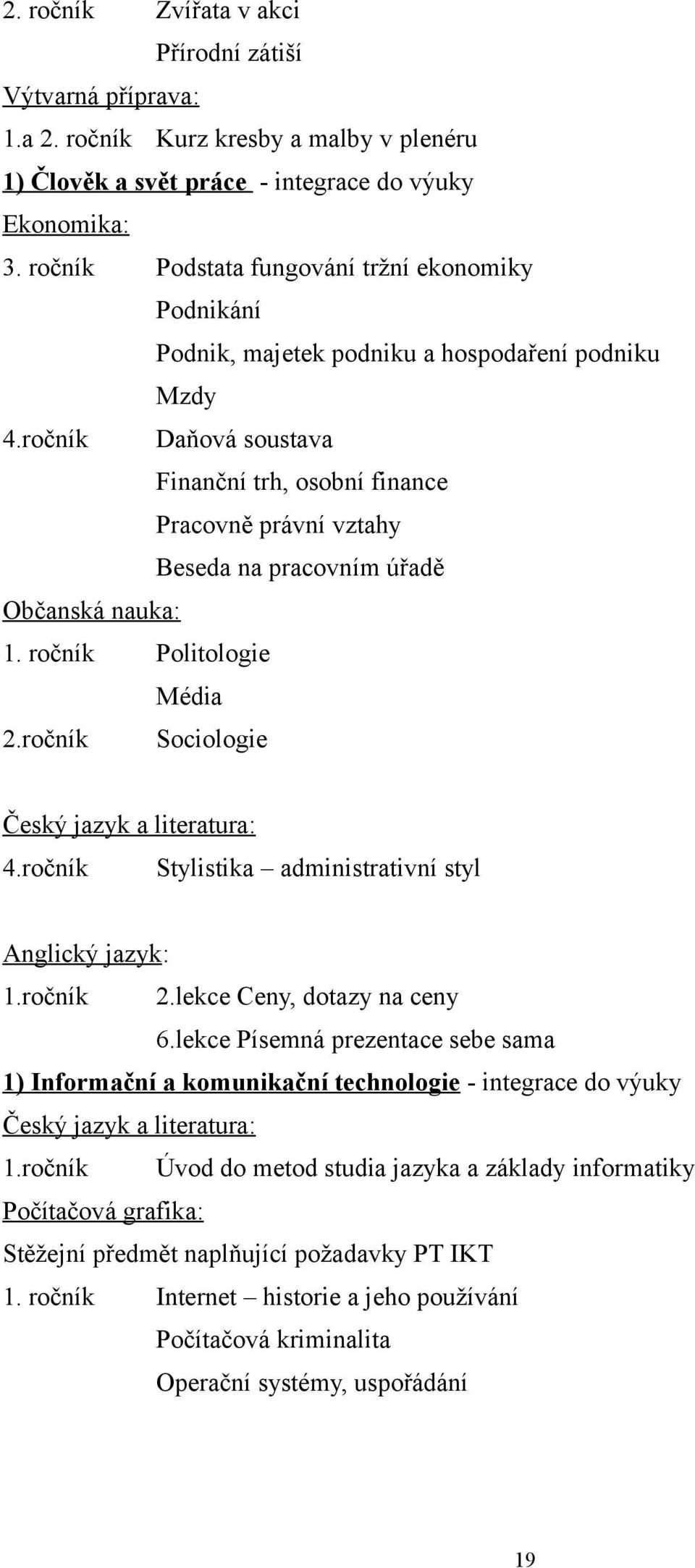 ročník Daňová soustava Finanční trh, osobní finance Pracovně právní vztahy Beseda na pracovním úřadě Občanská nauka: 1. ročník Politologie Média 2.ročník Sociologie Český jazyk a literatura: 4.