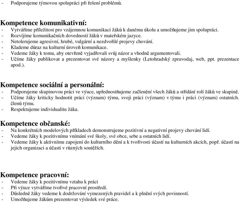 - Vedeme žáky k tomu, aby otevřeně vyjadřovali svůj názor a vhodně argumentovali. - Učíme žáky publikovat a prezentovat své názory a myšlenky (Letohradský zpravodaj, web, ppt. prezentace apod.).