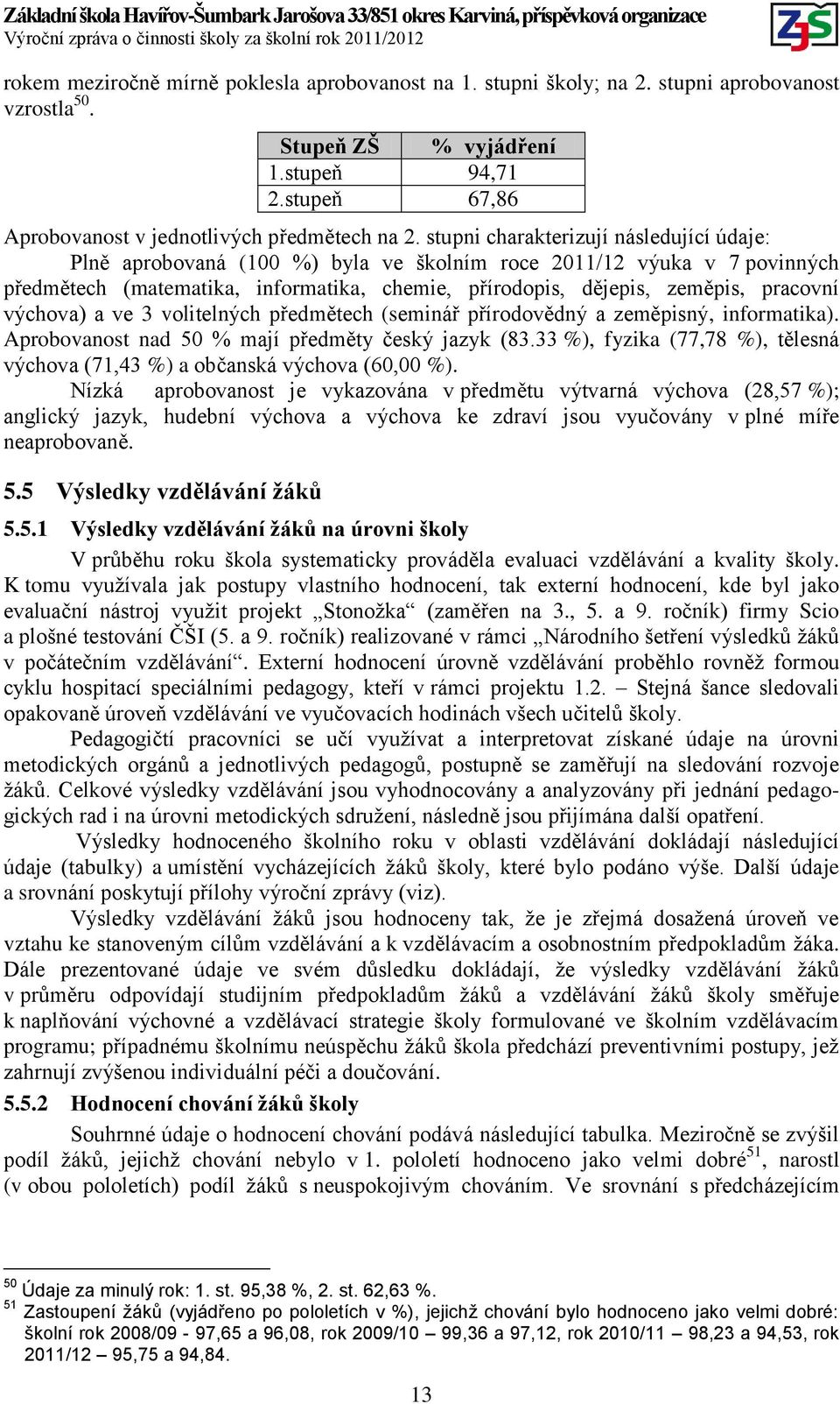 výchova) a ve 3 volitelných předmětech (seminář přírodovědný a zeměpisný, informatika). Aprobovanost nad 50 % mají předměty český jazyk (83.