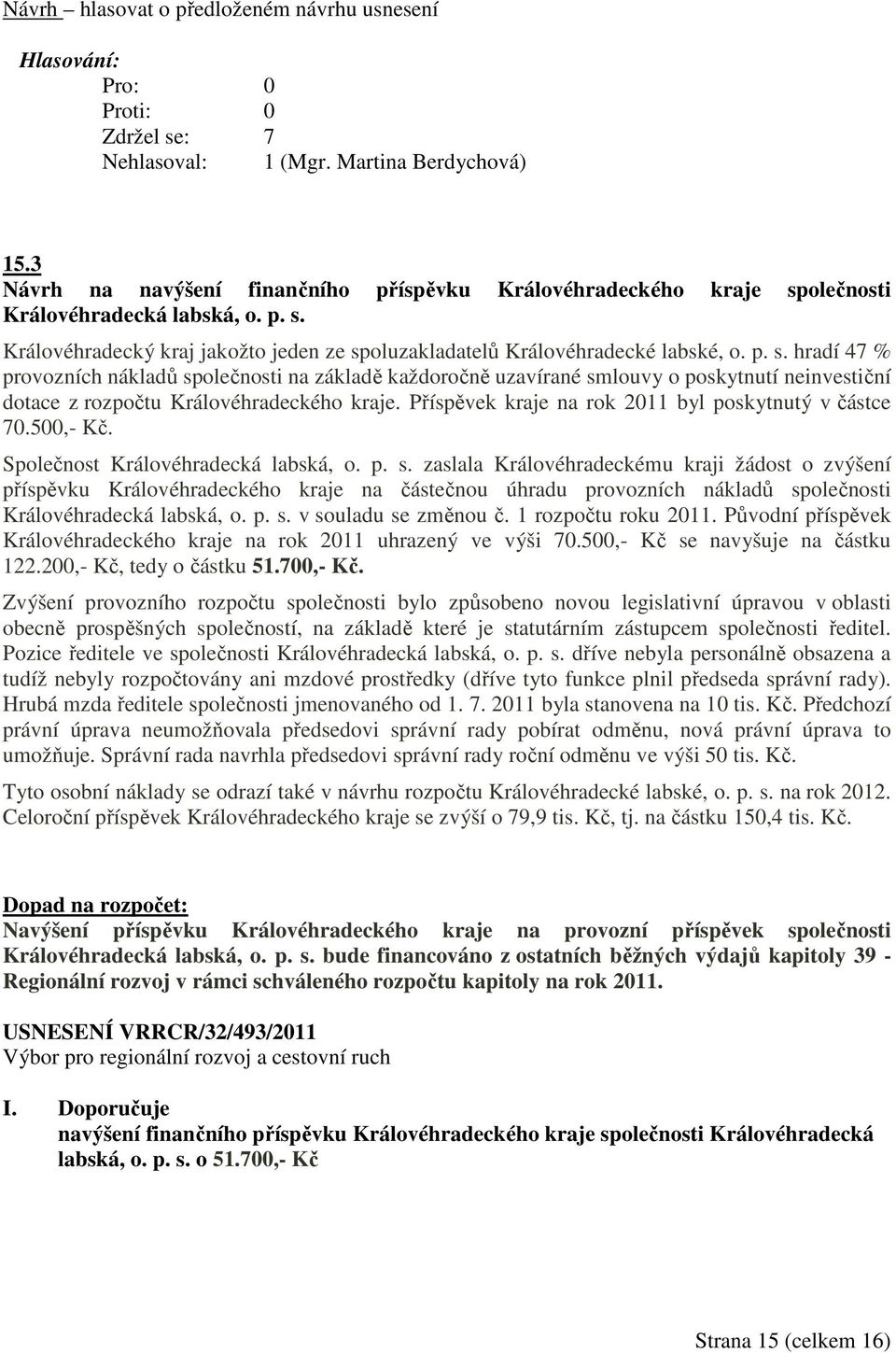 Příspěvek kraje na rok 2011 byl poskytnutý v částce 70.500,- Kč. Společnost Královéhradecká labská, o. p. s.