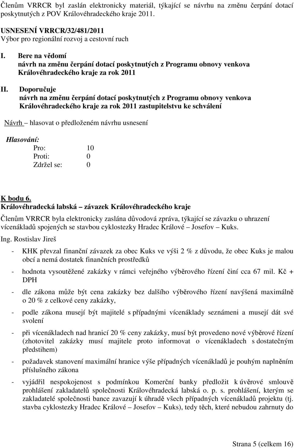 obnovy venkova Královéhradeckého kraje za rok 2011 zastupitelstvu ke schválení Pro : 10 K bodu 6.