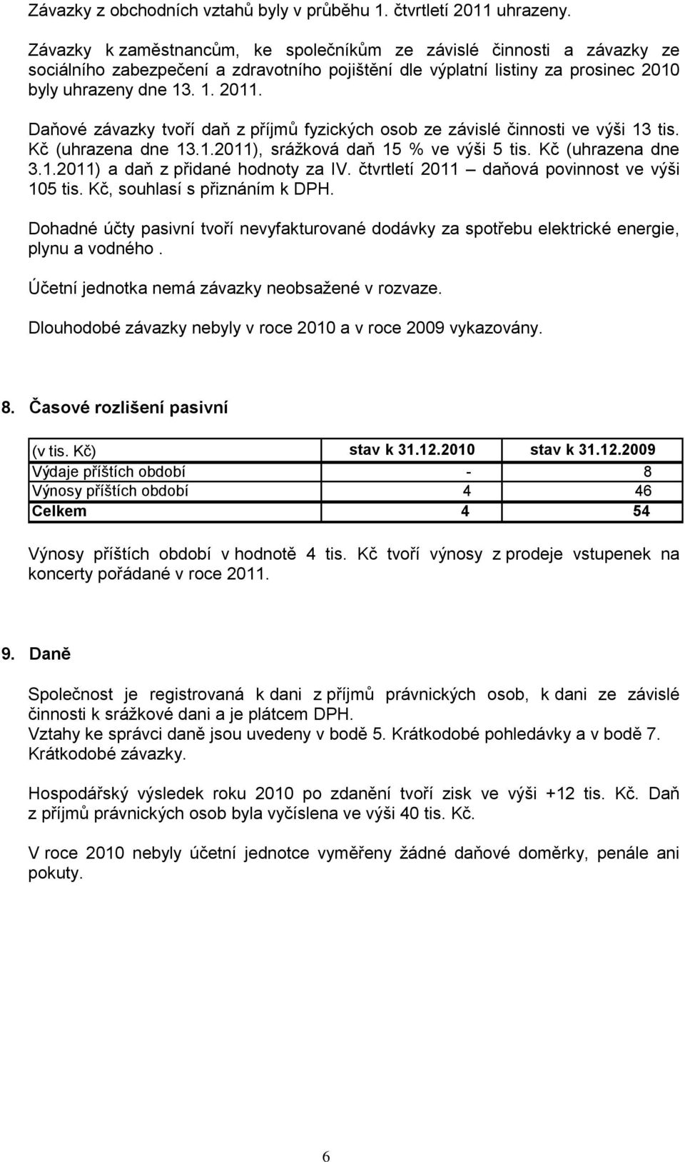 Daňové závazky tvoří daň z příjmů fyzických osob ze závislé činnosti ve výši 13 tis. Kč (uhrazena dne 13.1.2011), srážková daň 15 % ve výši 5 tis. Kč (uhrazena dne 3.1.2011) a daň z přidané hodnoty za IV.