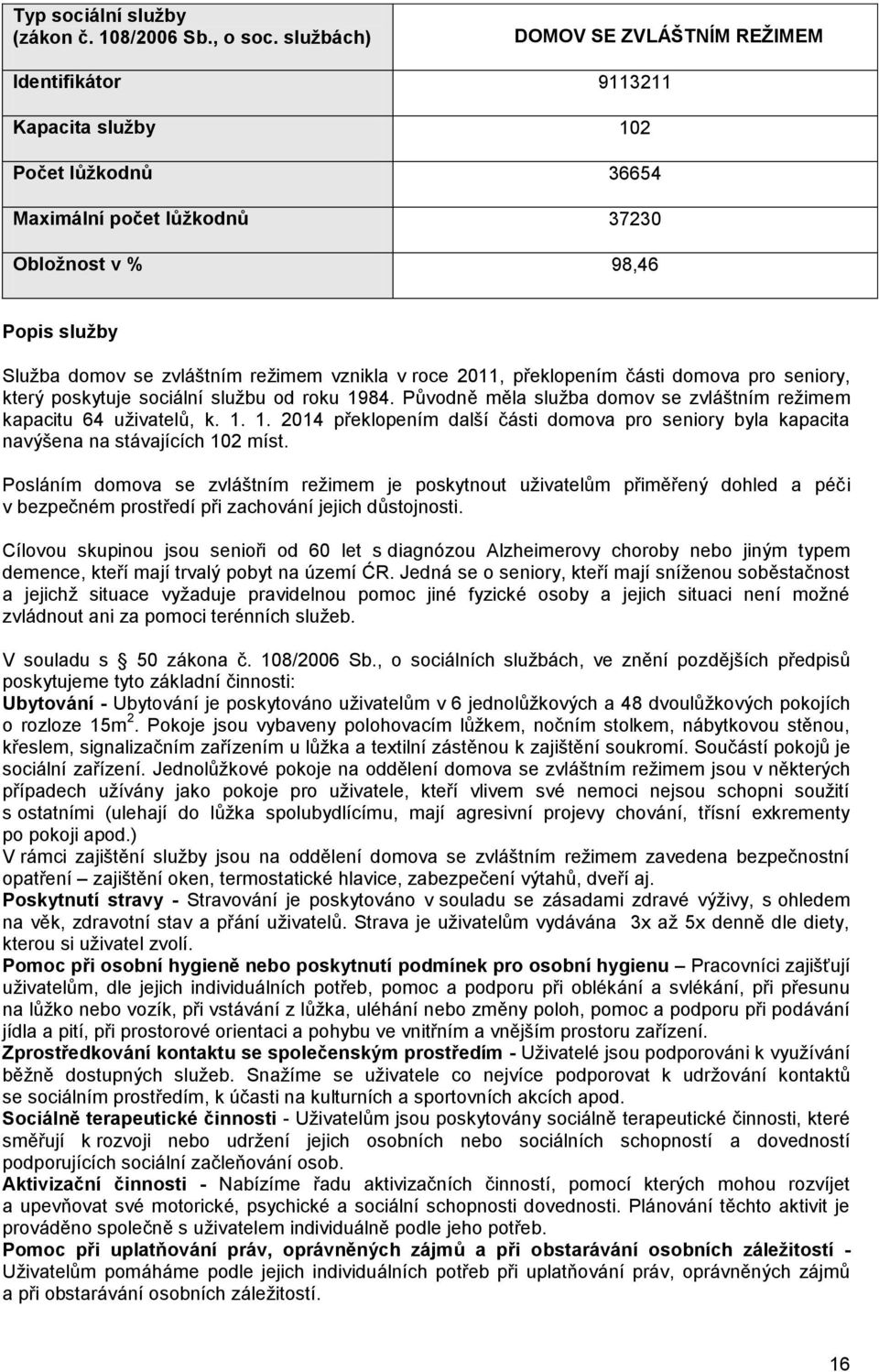 vznikla v roce 2011, překlopením části domova pro seniory, který poskytuje sociální službu od roku 1984. Původně měla služba domov se zvláštním režimem kapacitu 64 uživatelů, k. 1. 1. 2014 překlopením další části domova pro seniory byla kapacita navýšena na stávajících 102 míst.