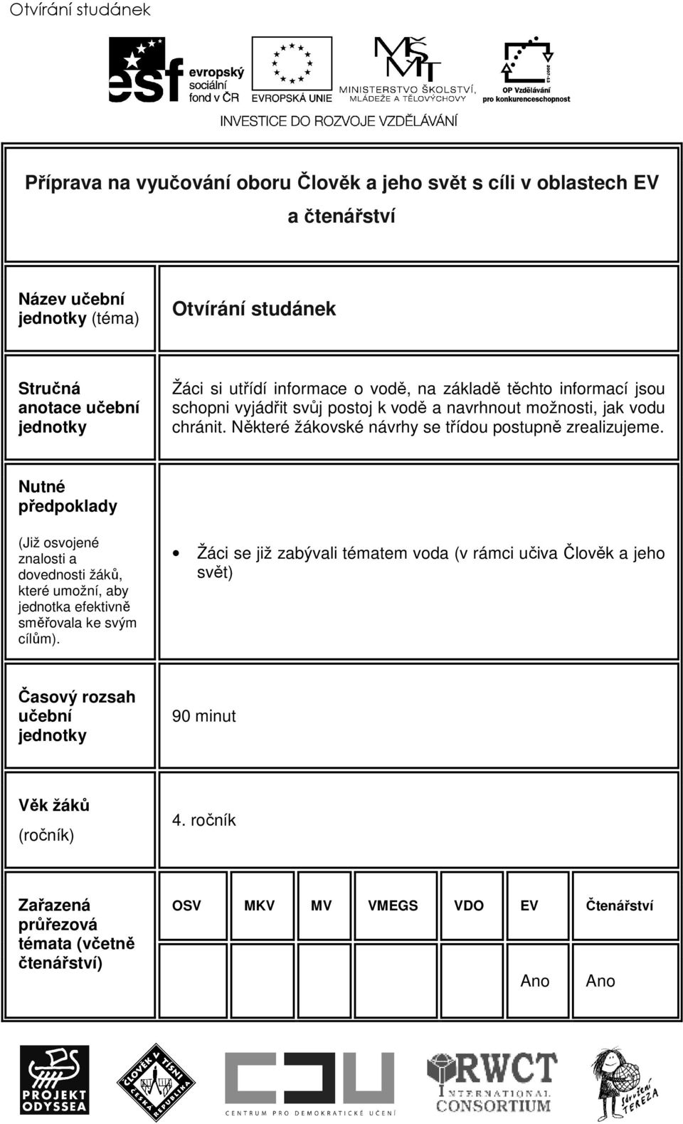 Některé žákovské návrhy se třídou postupně zrealizujeme. Nutné předpoklady (Již osvojené znalosti a dovednosti žáků, které umožní, aby jednotka efektivně směřovala ke svým cílům).