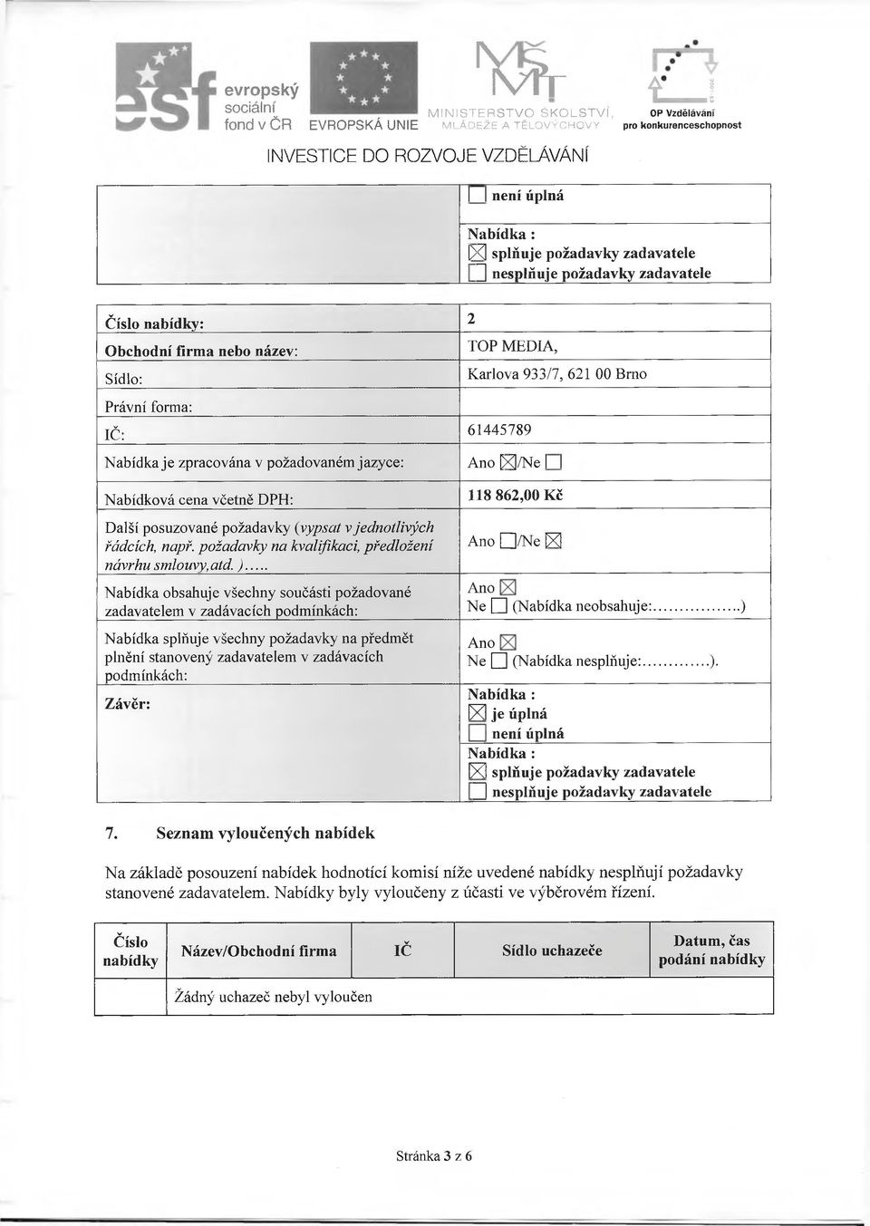 firma nebo název: TOP MEDIA, Sídlo: Karlova 933/7, 621 00 Brno Právní forma: IČ: 61445789 Nabídka je zpracována v požadovaném jazyce: Ano [>^/Ne 1 1 Nabídková cena včetně DPH: Další posuzované