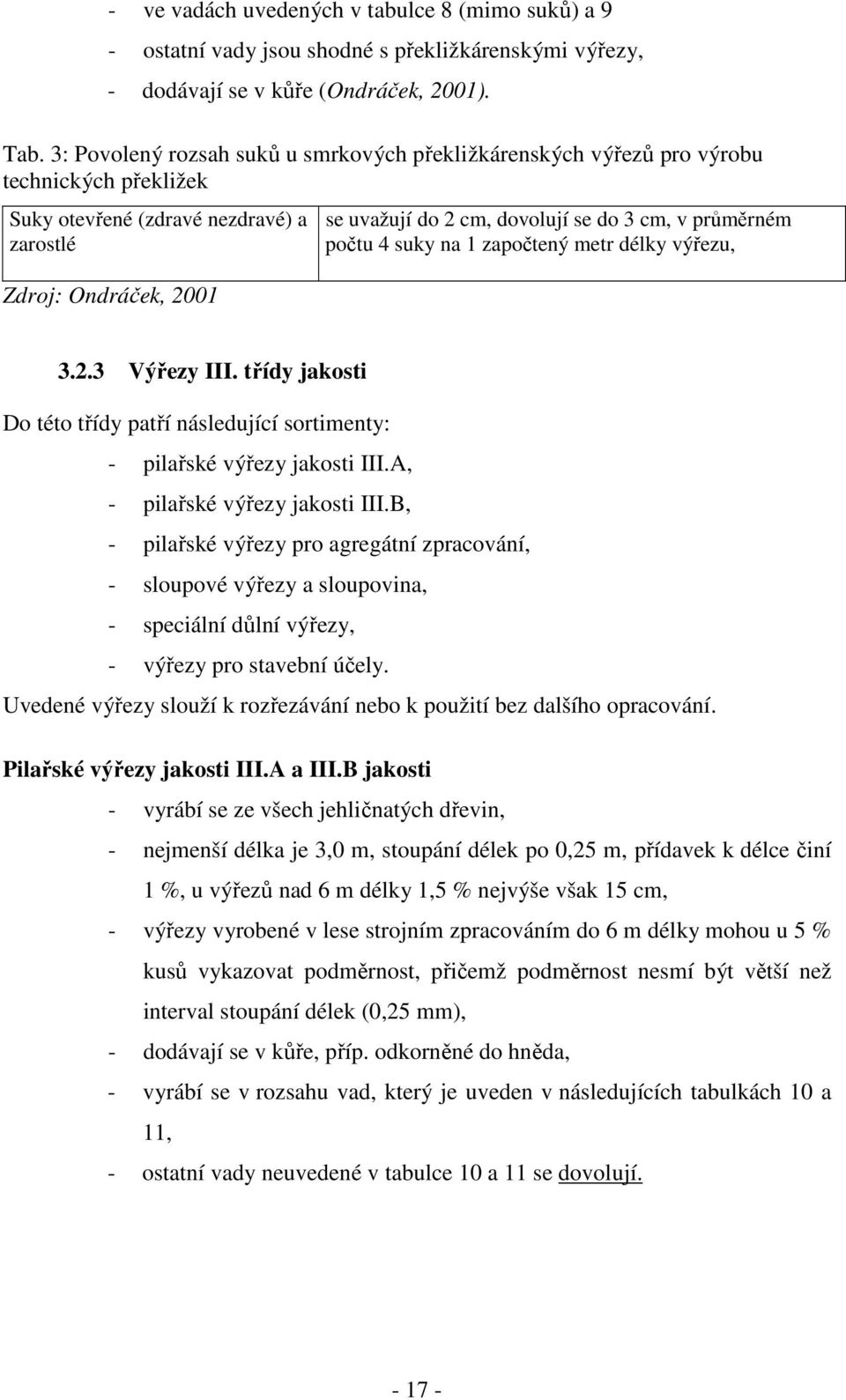 v průměrném počtu 4 suky na 1 započtený metr délky výřezu, 3.2.3 Výřezy III. třídy jakosti Do této třídy patří následující sortimenty: - pilařské výřezy jakosti III.A, - pilařské výřezy jakosti III.