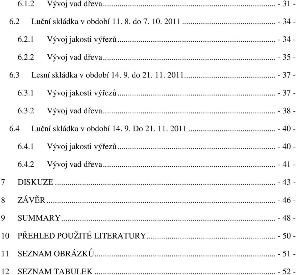 4 Luční skládka v období 14. 9. Do 21. 11. 2011... - 40-6.4.1 Vývoj jakosti výřezů... - 40-6.4.2 Vývoj vad dřeva... - 41-7 DISKUZE.