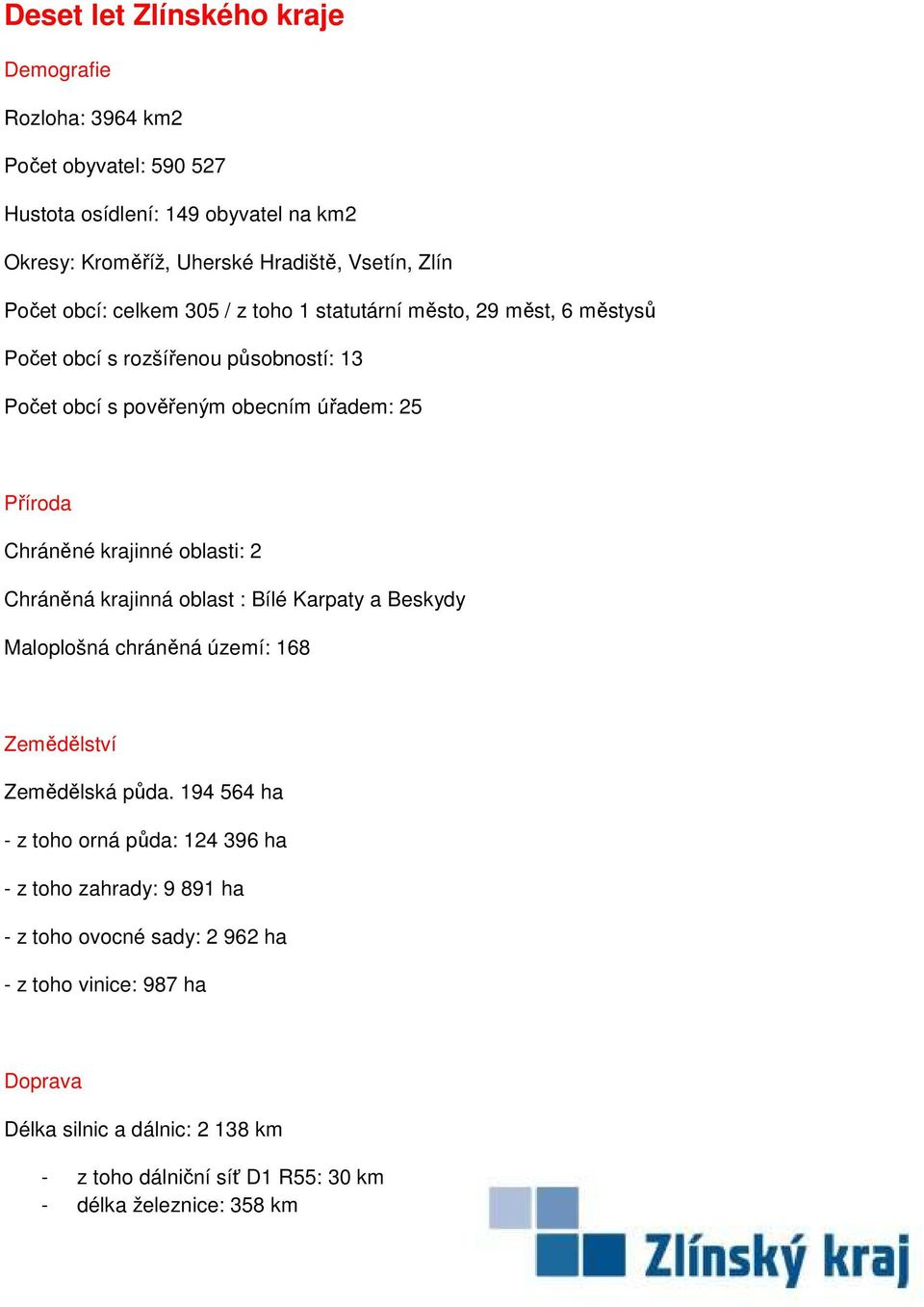 oblasti: 2 Chráněná krajinná oblast : Bílé Karpaty a Beskydy Maloplošná chráněná území: 168 Zemědělství Zemědělská půda.