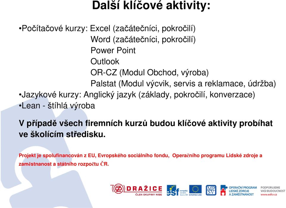 pokročilí, konverzace) Lean - štíhlá výroba V případě všech firemních kurzů budou klíčové aktivity probíhat ve školícím