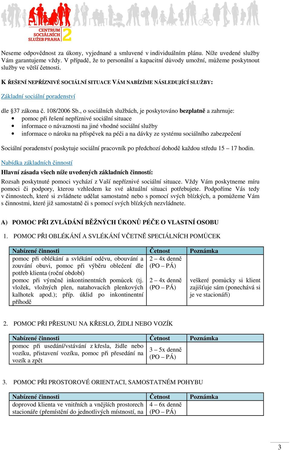 K ŘEŠENÍ NEPŘÍZNIVÉ SOCIÁLNÍ SITUACE VÁM NABÍZÍME NÁSLEDUJÍCÍ SLUŽBY: Základní sociální poradenství dle 37 zákona č. 108/2006 Sb.